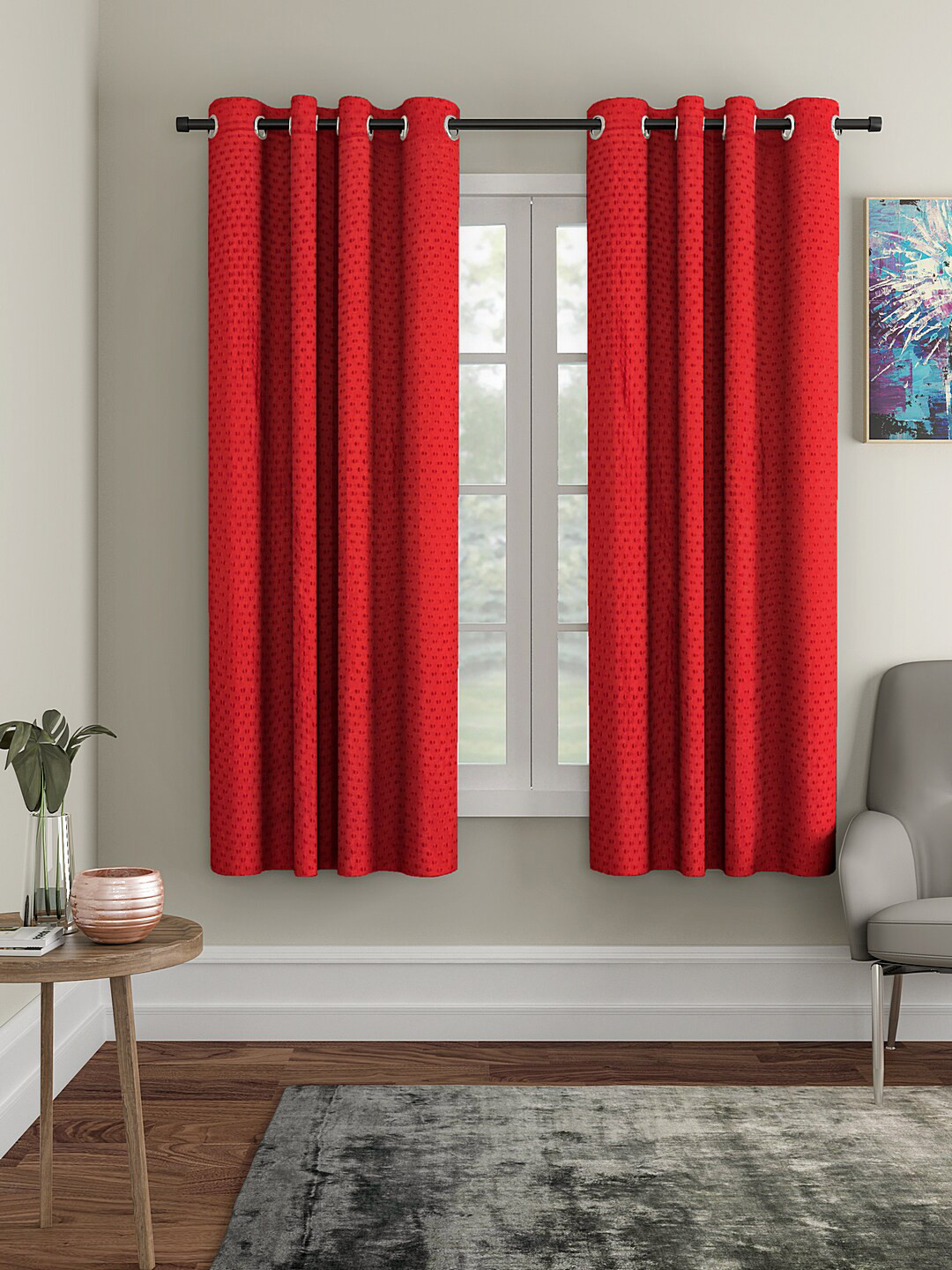 Cortina Red Set of 2 Polka dots Embossed Plain Polyester Window Curtains