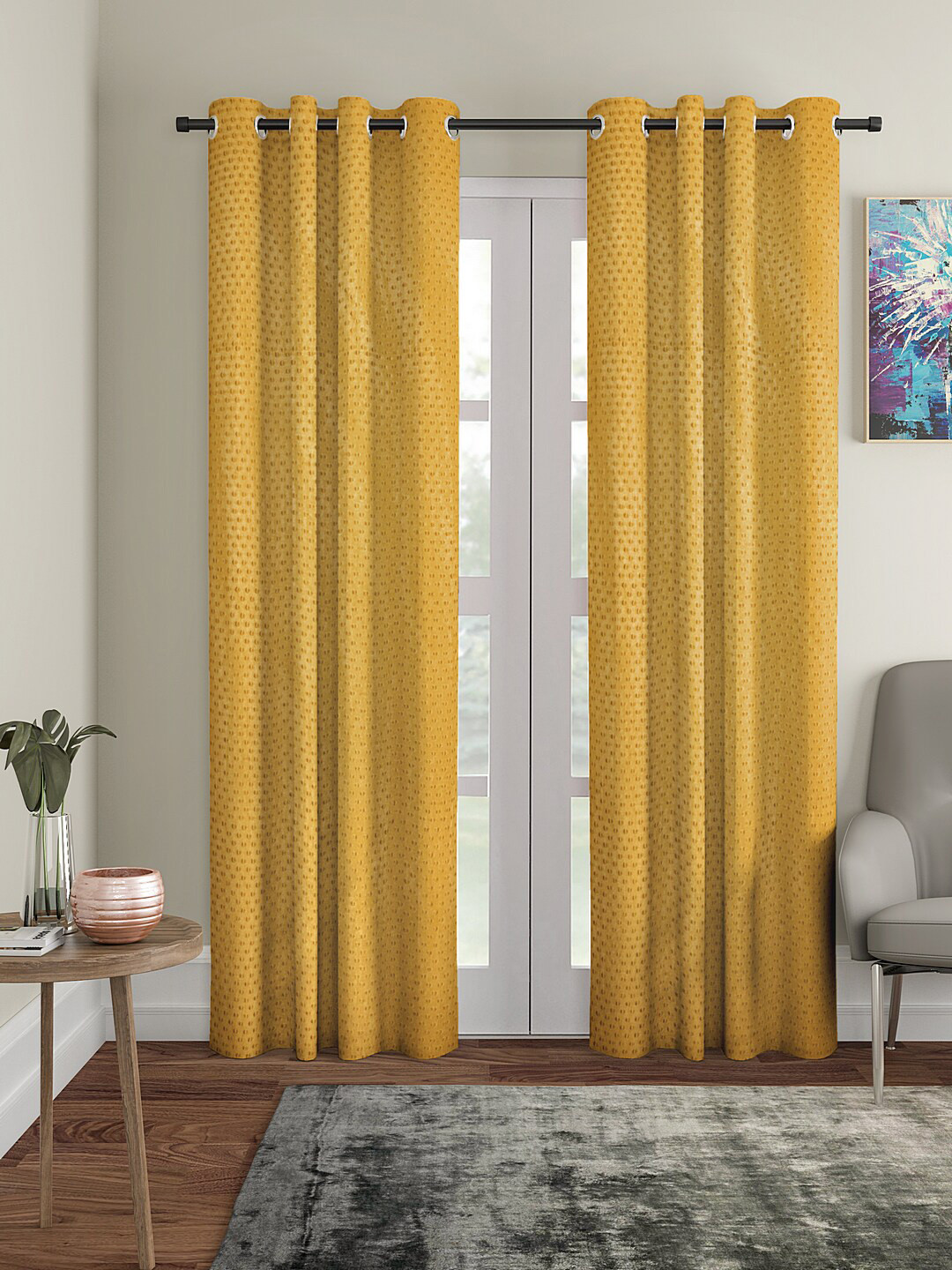 Cortina Yellow Set of 2 Polka dots Embossed Plain Polyester Door Curtains