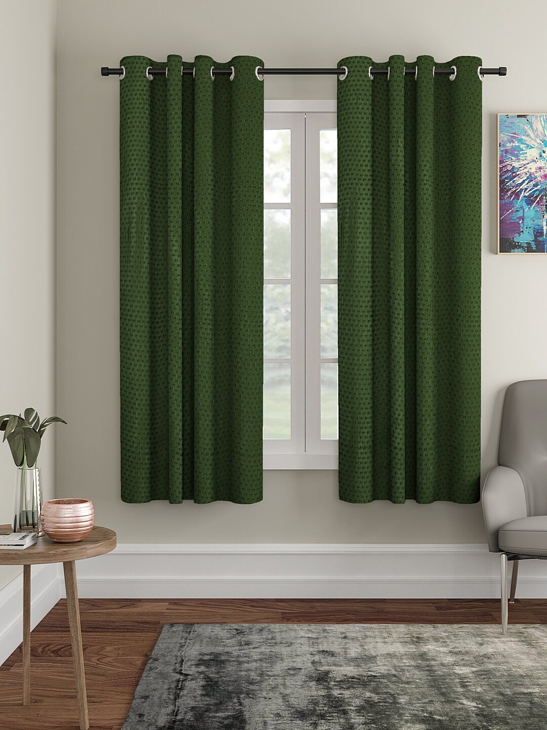 Cortina Green Set of 2 Polka dots Embossed Plain Polyester Window Curtains