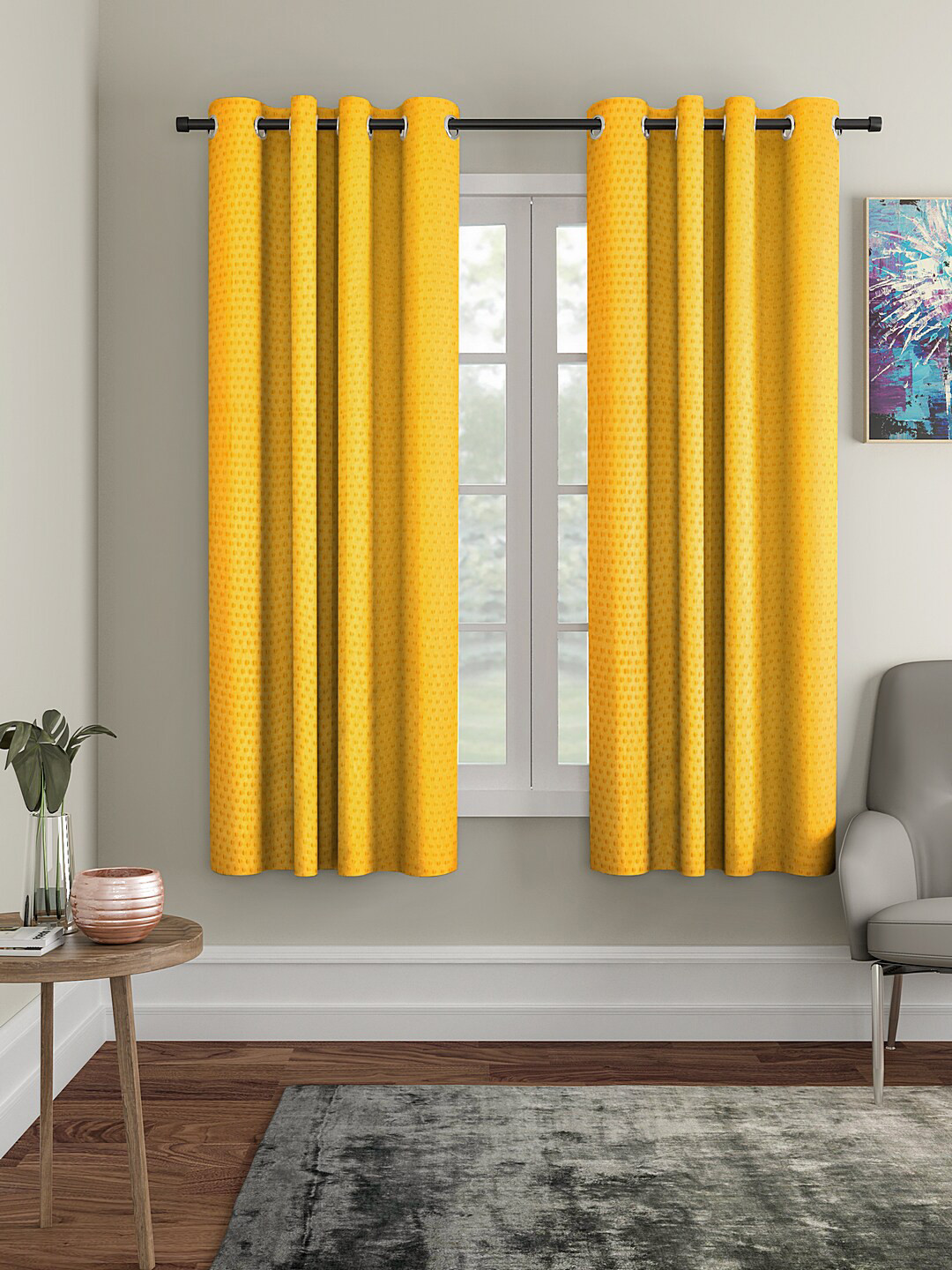 Cortina Yellow Set of 2 Polka dots Embossed Plain Polyester Window Curtains