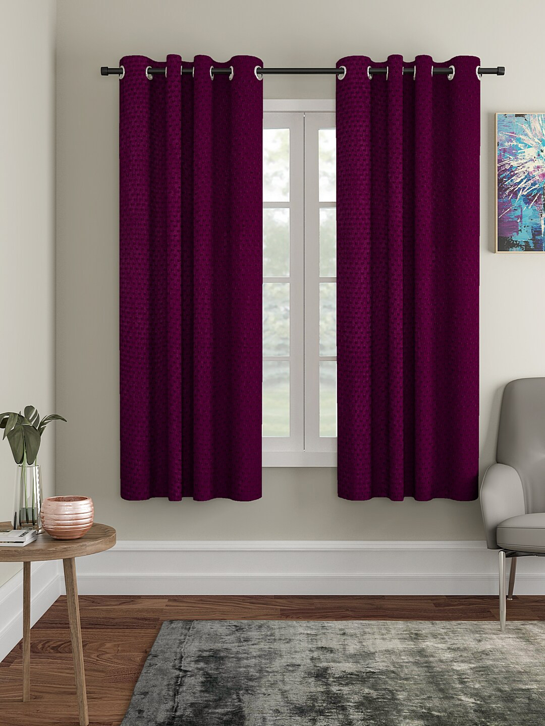 Cortina Purple Set of 2 Polka Dots Embossed Window Curtains