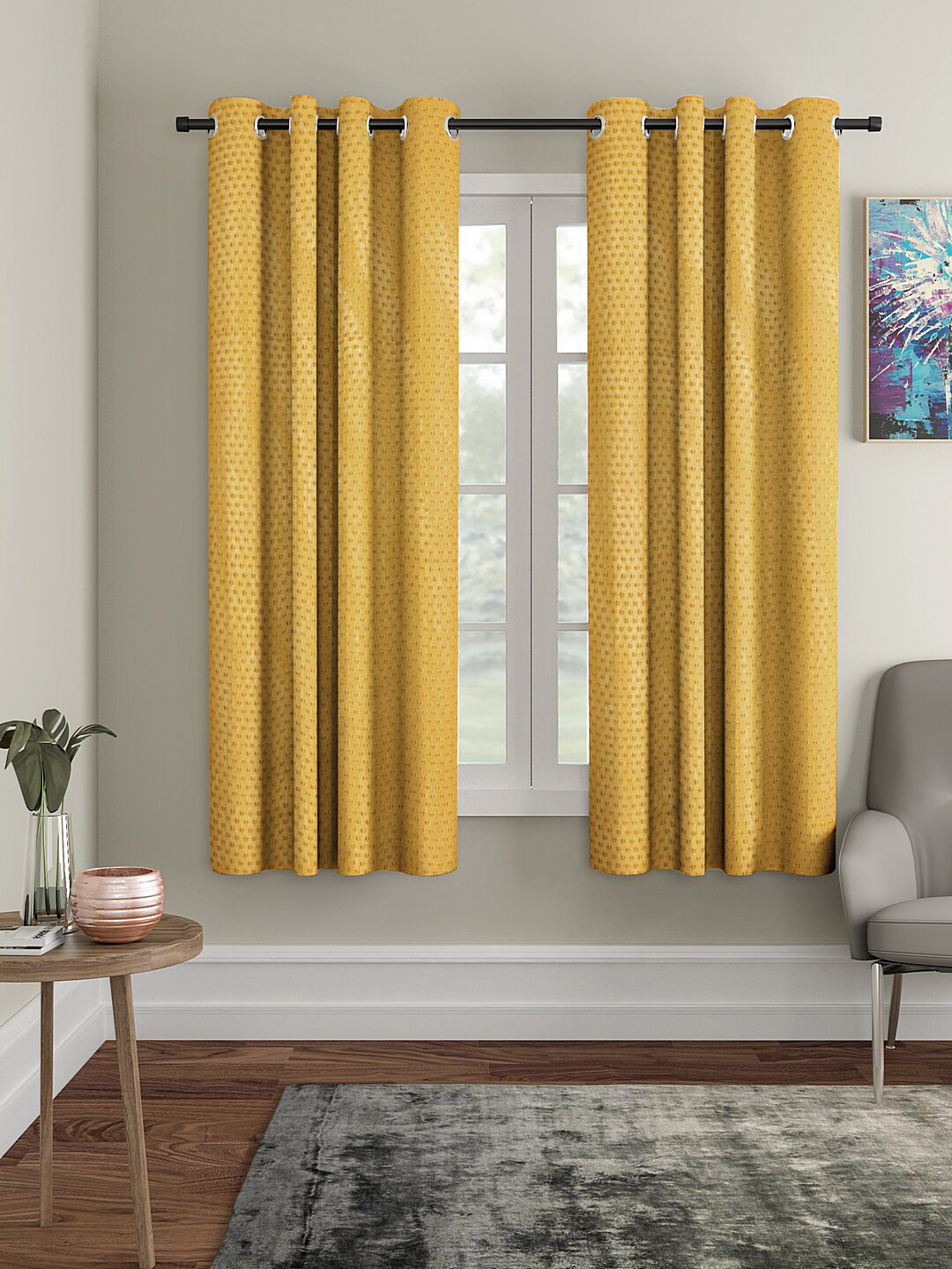 Cortina Golden Set of 2 Polka Dots Embossed Plain Window Curtains