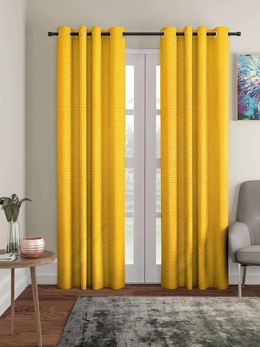 Cortina Yellow Set of 2 Polka dots Embossed Plain Polyester Long Door Curtains