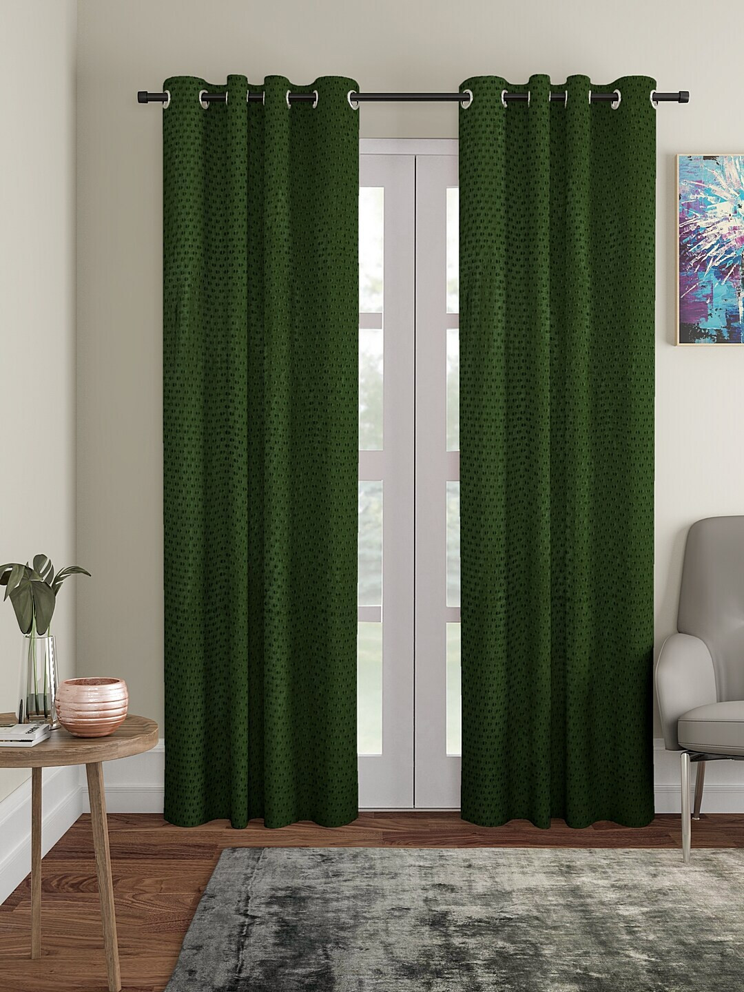 Cortina Dark Green Set of 2 Polka Dots Embossed Long Door Curtains