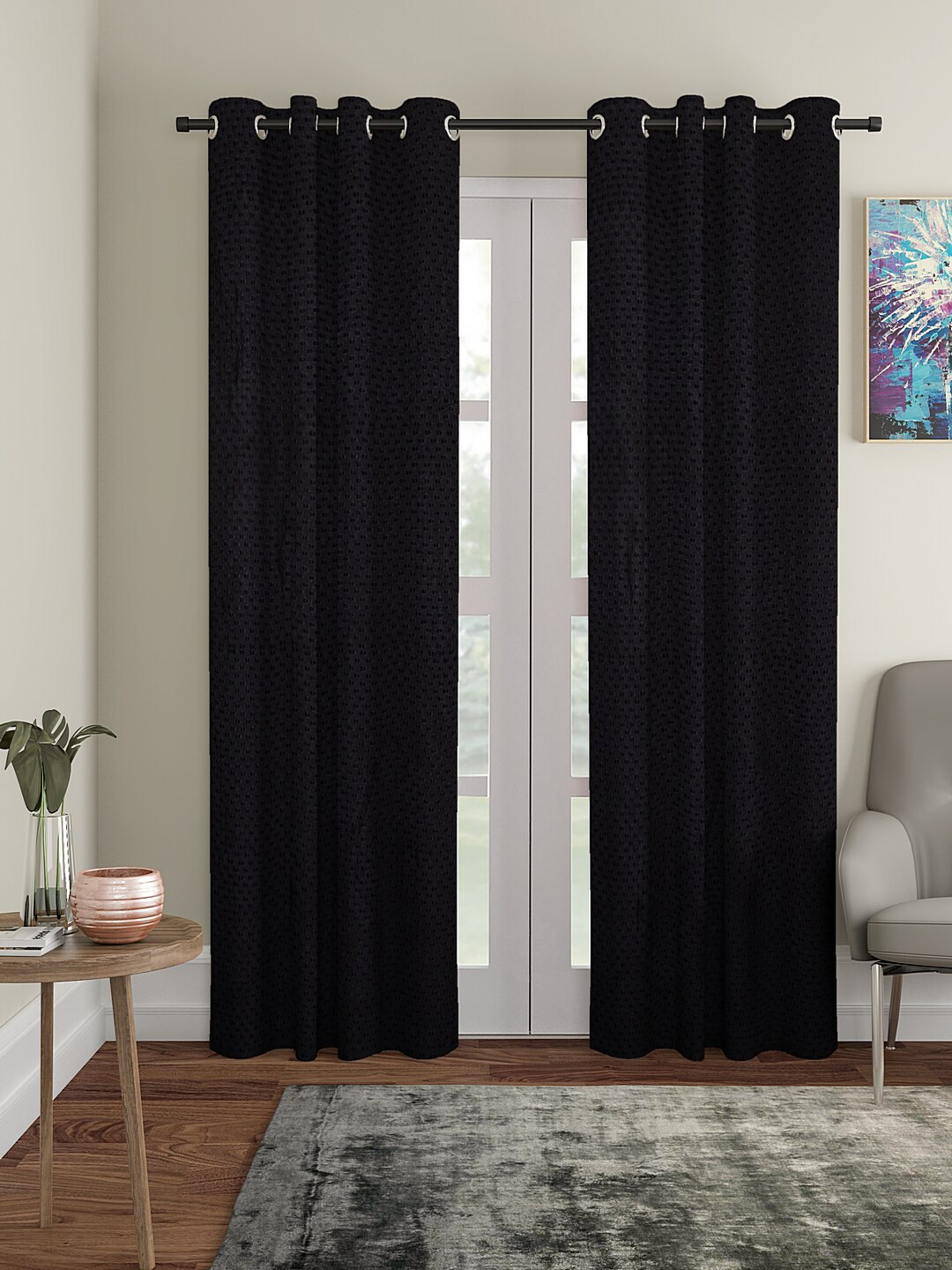 Cortina Black Set of 2 Polka dots Embossed Plain Polyester Door Curtains