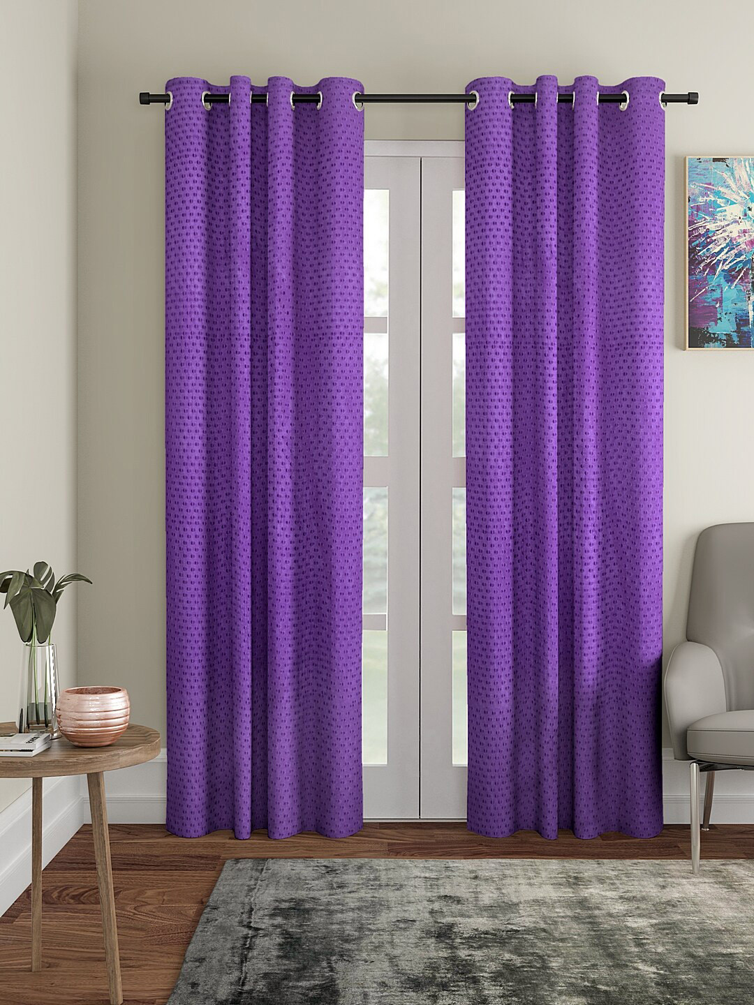 Cortina Lavender Set of 2 Polka dots Embossed Plain Polyester Door Curtains