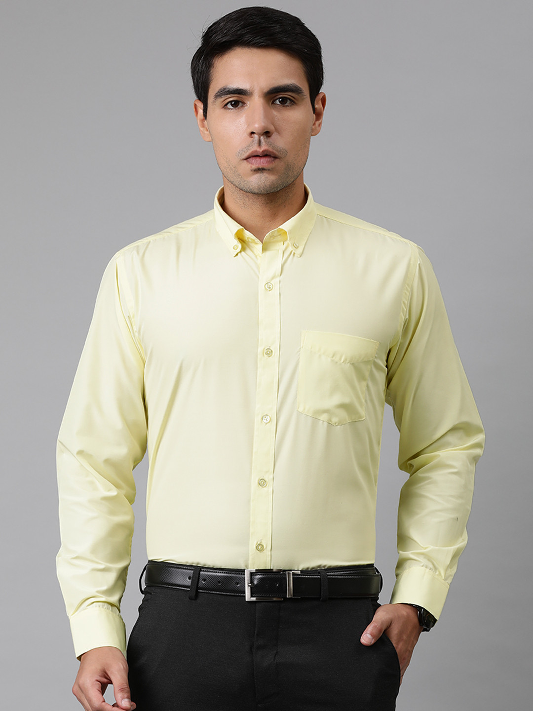 English Navy Men Yellow Slim Fit Easy Iron Solid Formal Shirt