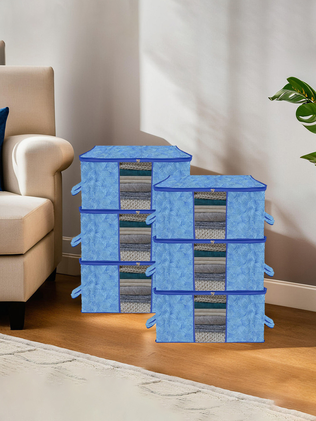 Kuber Industries Set Of 6 Blue Laheriya Printed Underbed Blanket Storage Cover