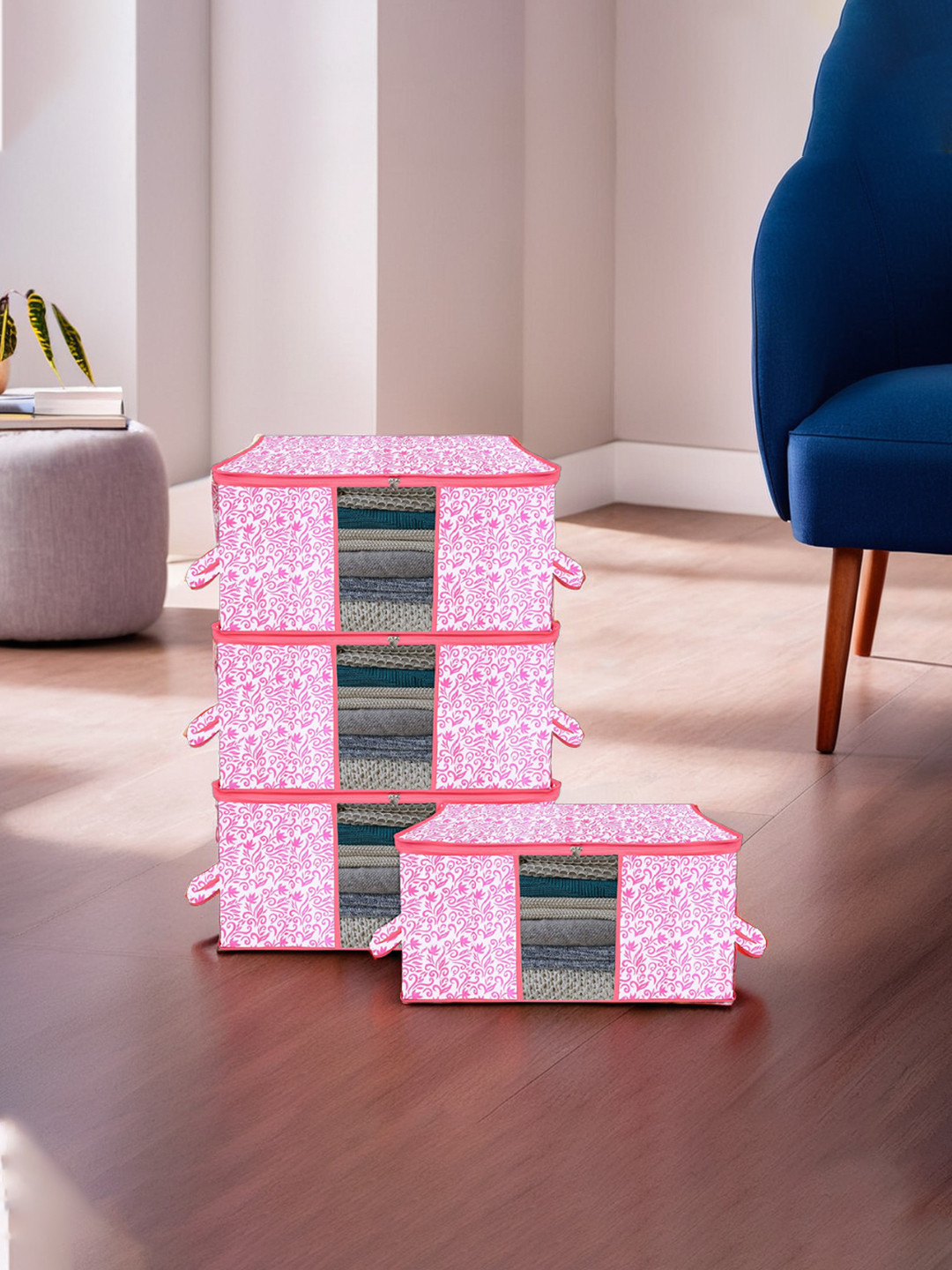 Kuber Industries Set Of 4 Red & White Leaf Design Underbed Storage Bags With Transparent Window