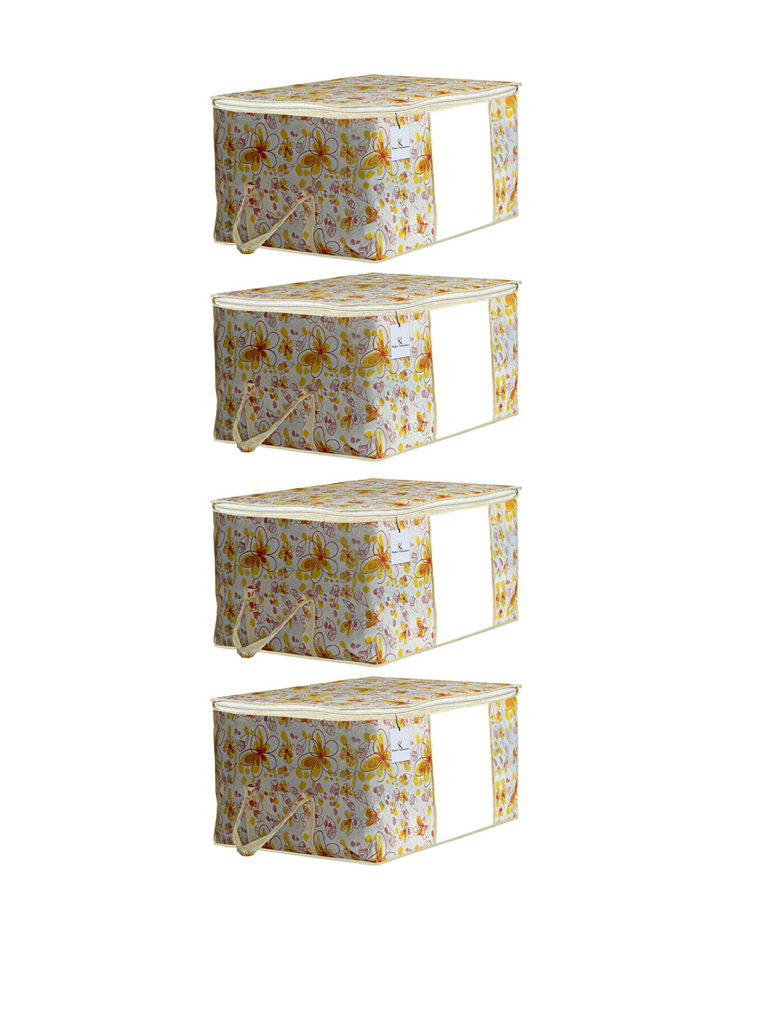 Kuber Industries Set Of 4 White & Yellow Flower Printed Underbed Storage Bags With Transparent Window