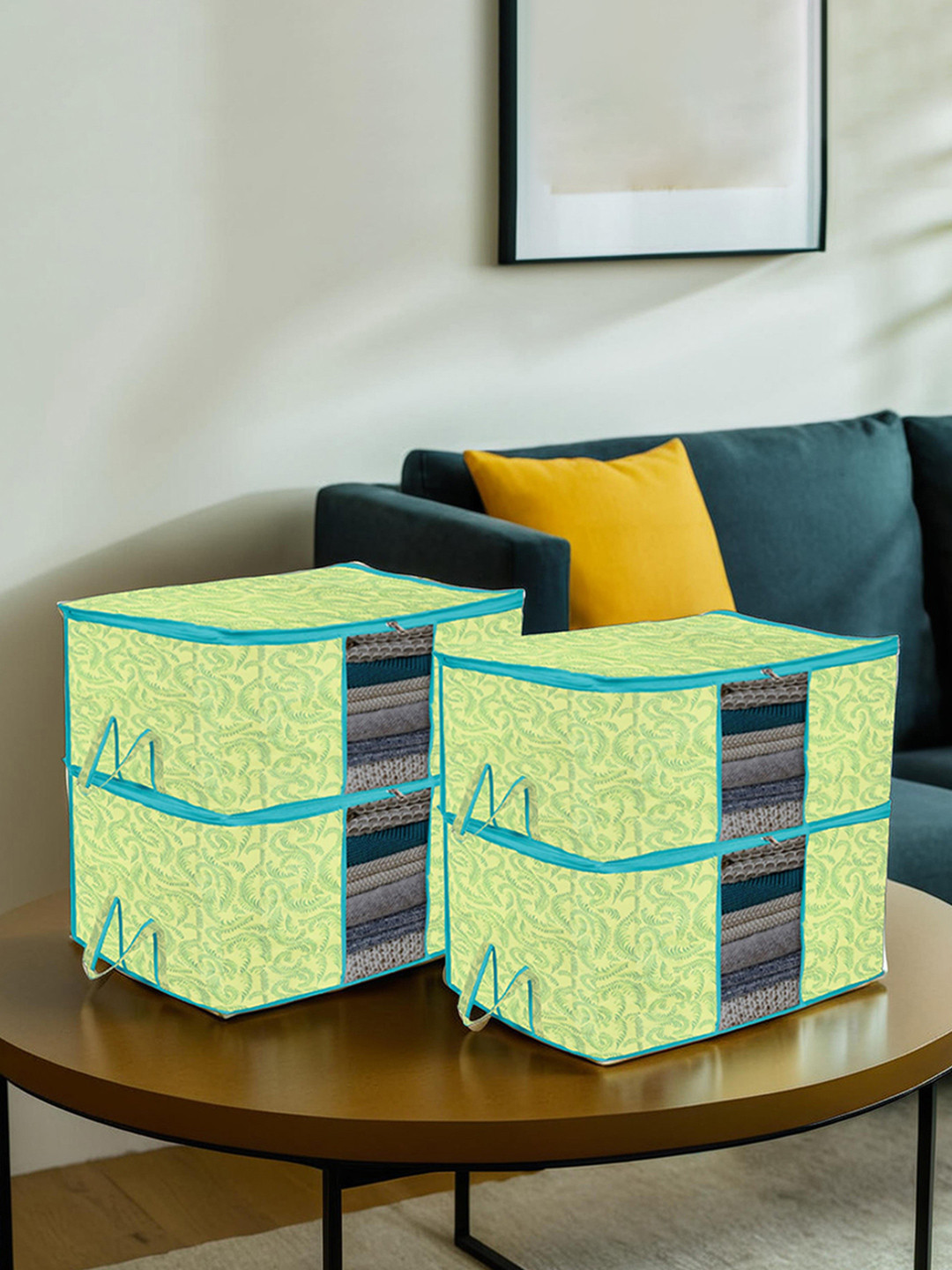 Kuber Industries Set Of 4 Green & Blue Metallic Printed Underbed Blanket Storage Covers