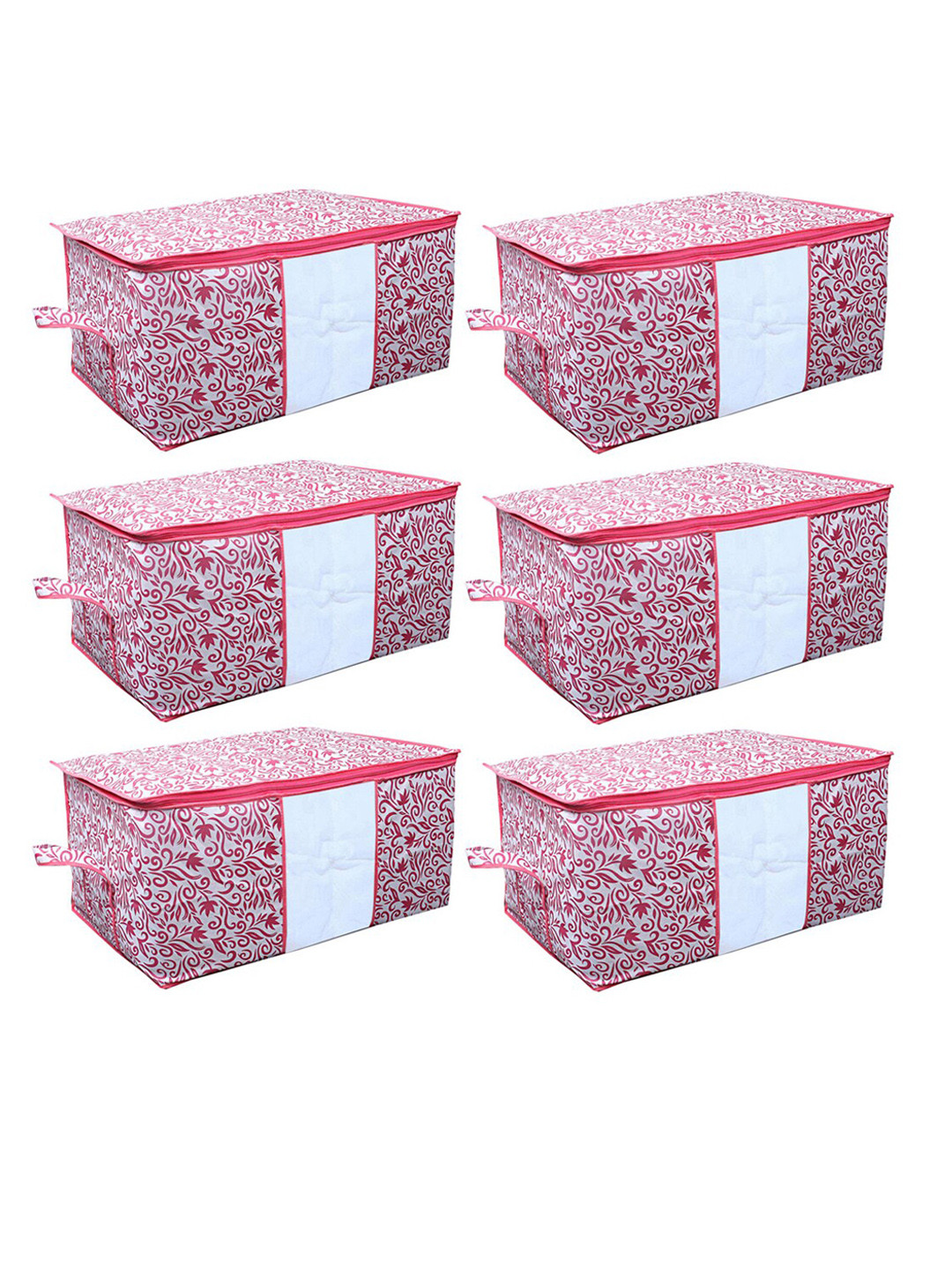 Kuber Industries Set Of 6 White & Pink Leaf Printed Underbed Storage Bags With Transparent Window
