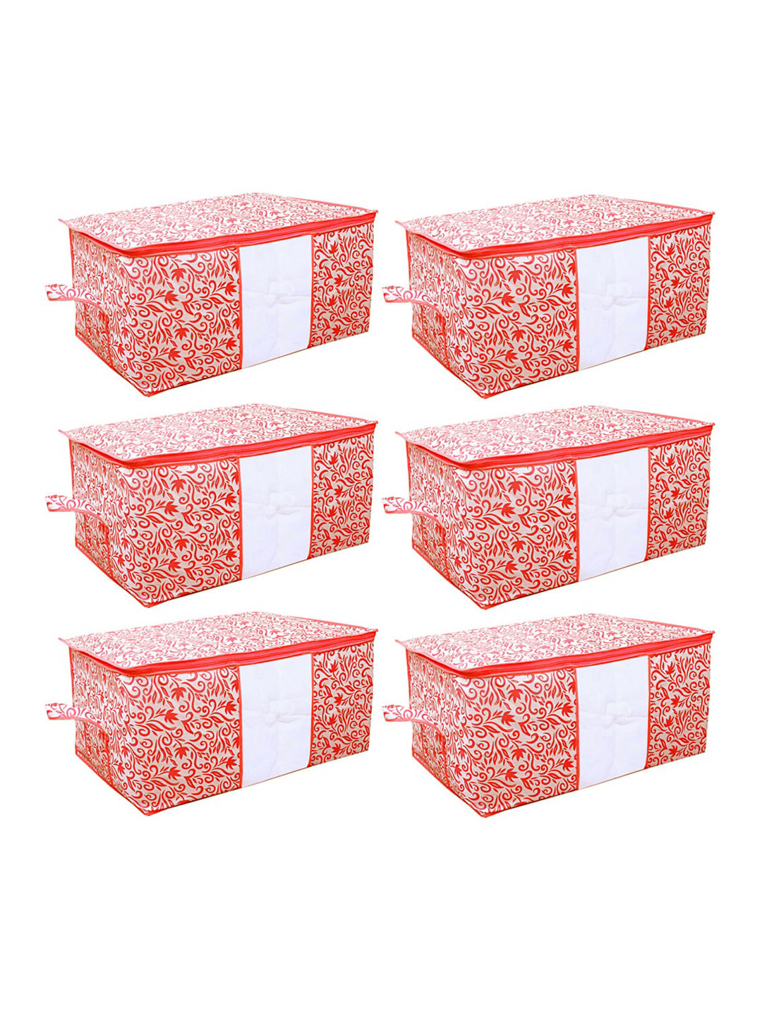 Kuber Industries Set Of 6 White & Red Leaf Printed Underbed Storage Bags With Transparent Window