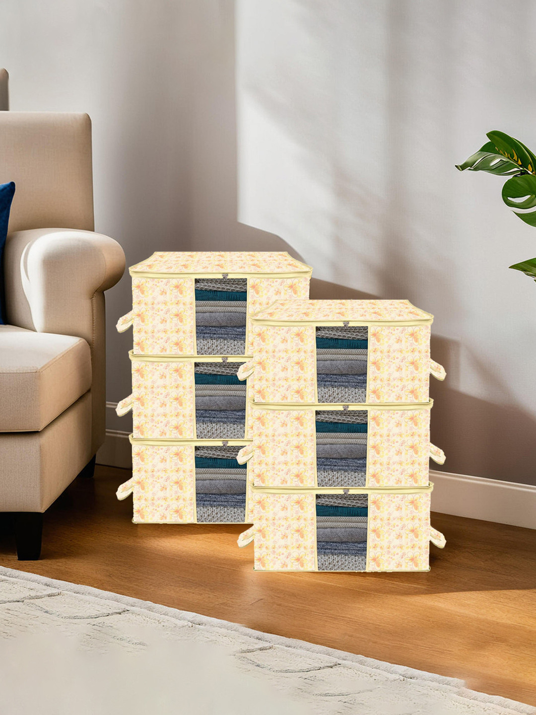 Kuber Industries Set Of 6 Off-White & Yellow Printed Underbed Blanket Storage Covers