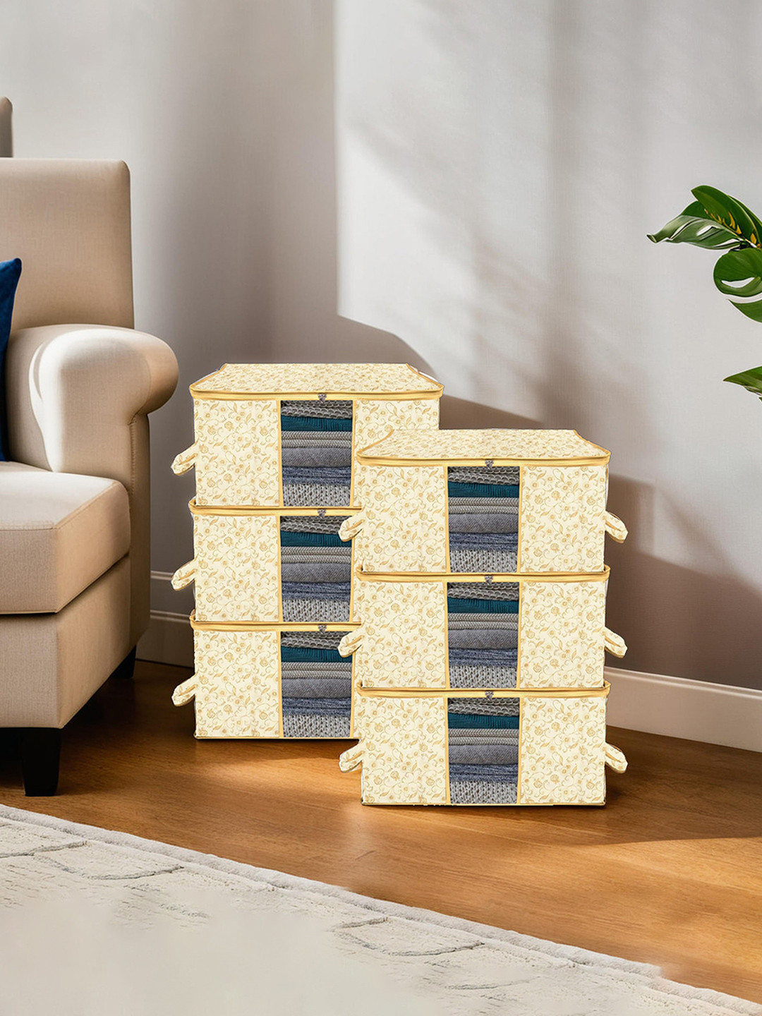 Kuber Industries Set Of 6 White & Brown Metallic Printed Underbed Storage Bags With Transparent Window