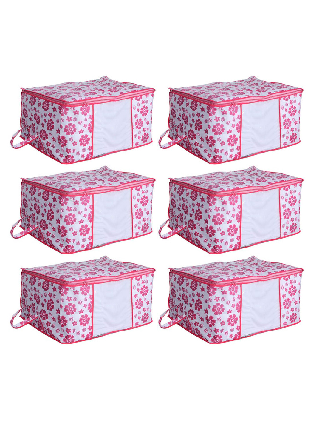 Kuber Industries Set Of 6 White & Pink Flower Printed Storage Bags With Transparent Window