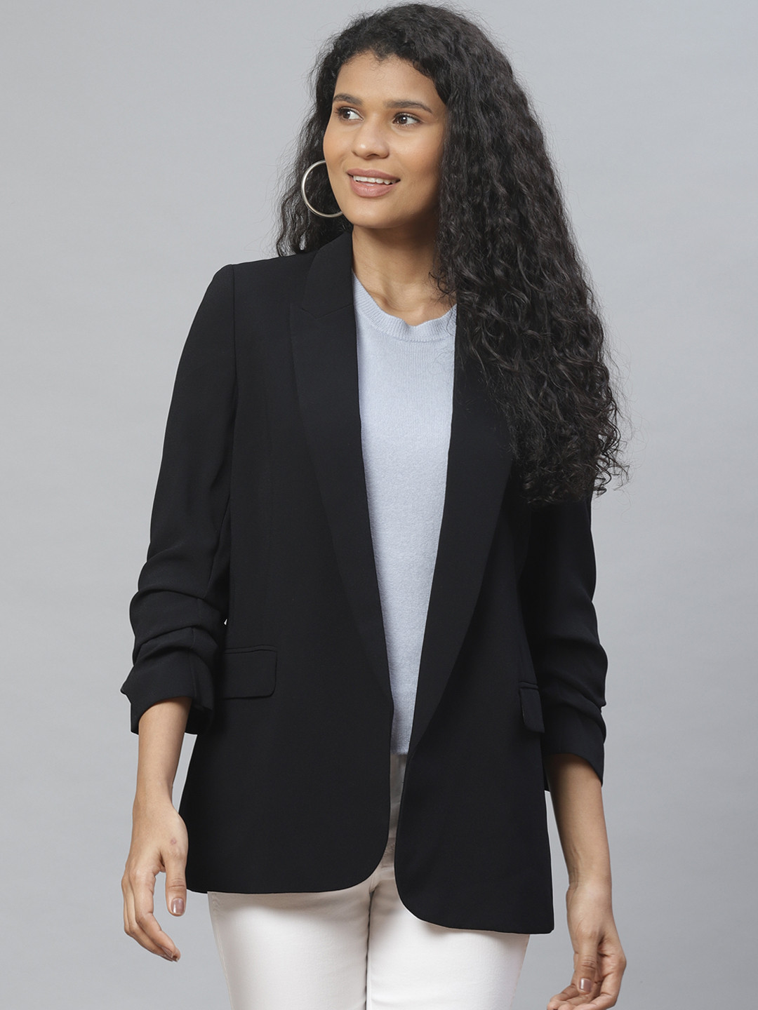 Marks & Spencer Women Black Relaxed Fit Solid Open-Front Smart Casual Blazer