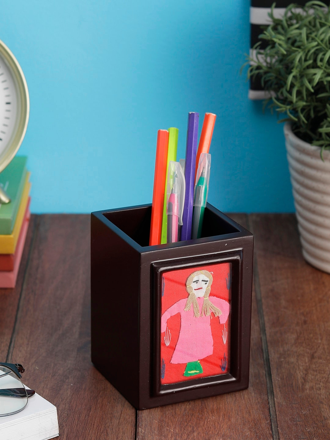 VarEesha Coffee Brown & Red Handmade Doll-Shaped Patchwork Wooden Stationary Holder