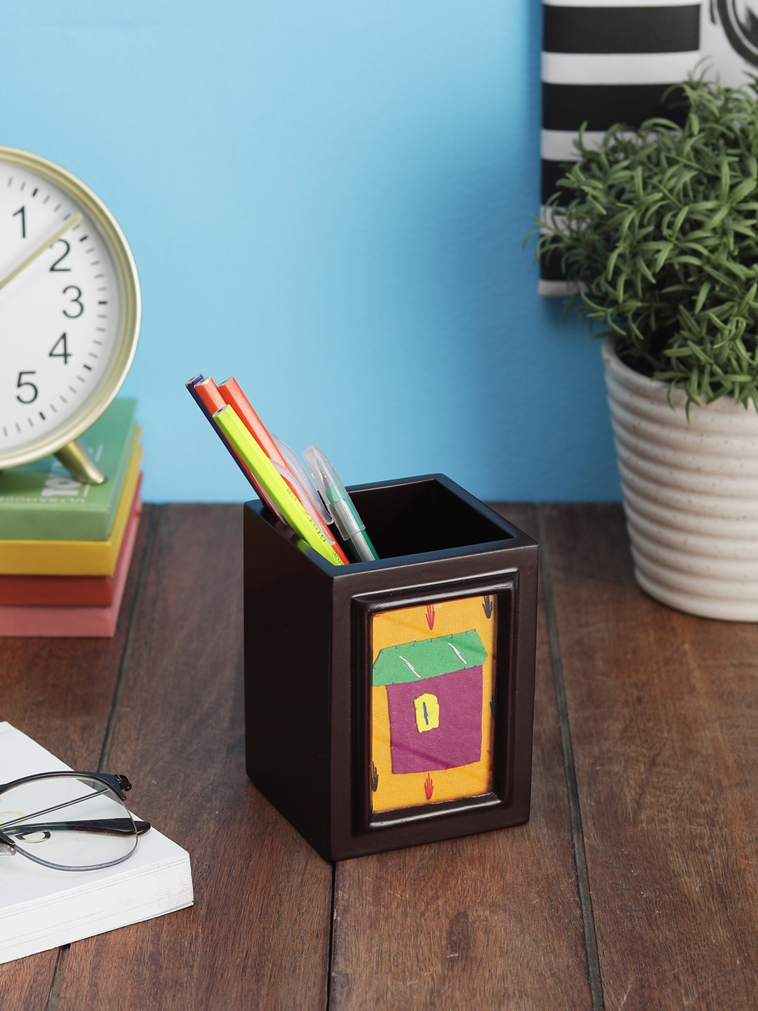 VarEesha Coffee Brown & Yellow Handmade Hut-Shaped Patchwork Wooden Stationary Holder