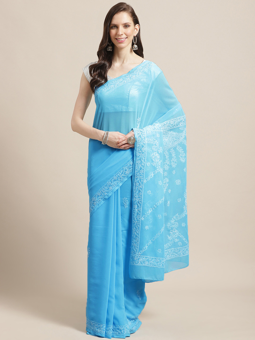 ADA Blue & White Chikankari Embroidered Sustainable Saree