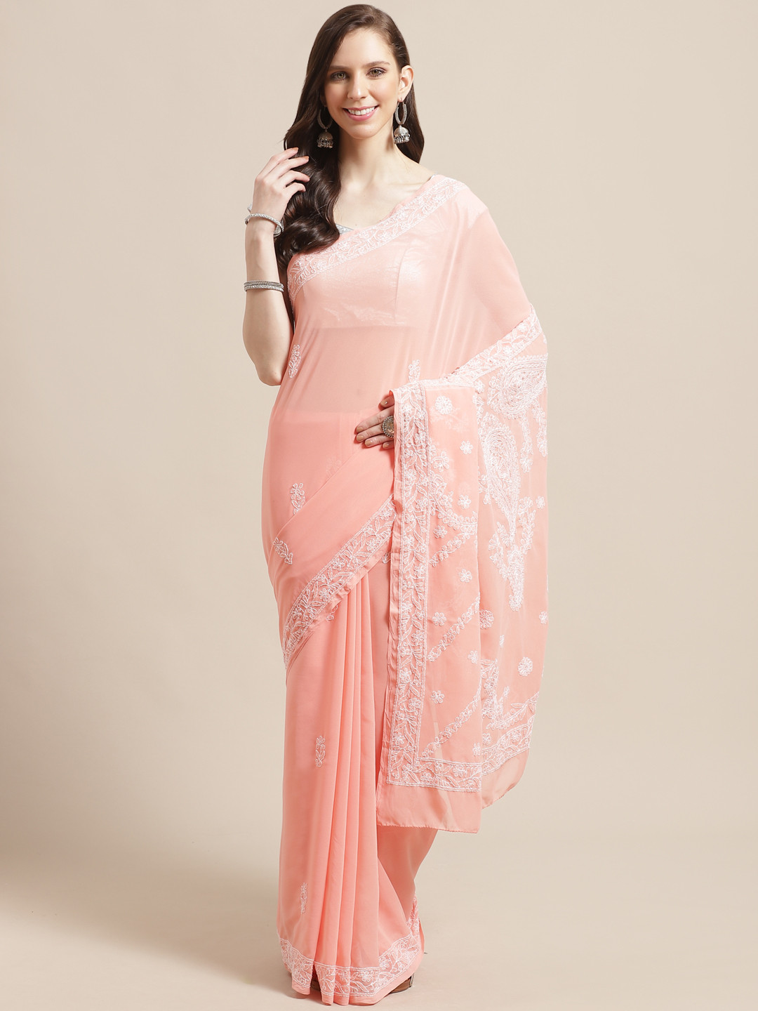 ADA Peach-Coloured & White Chikankari Embroidered Saree