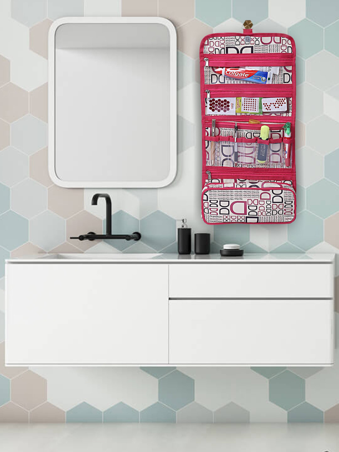 Kuber Industries Pink & Black Printed Foldable Wall Hanging Travel Cosmetic Make-up Organiser Kit