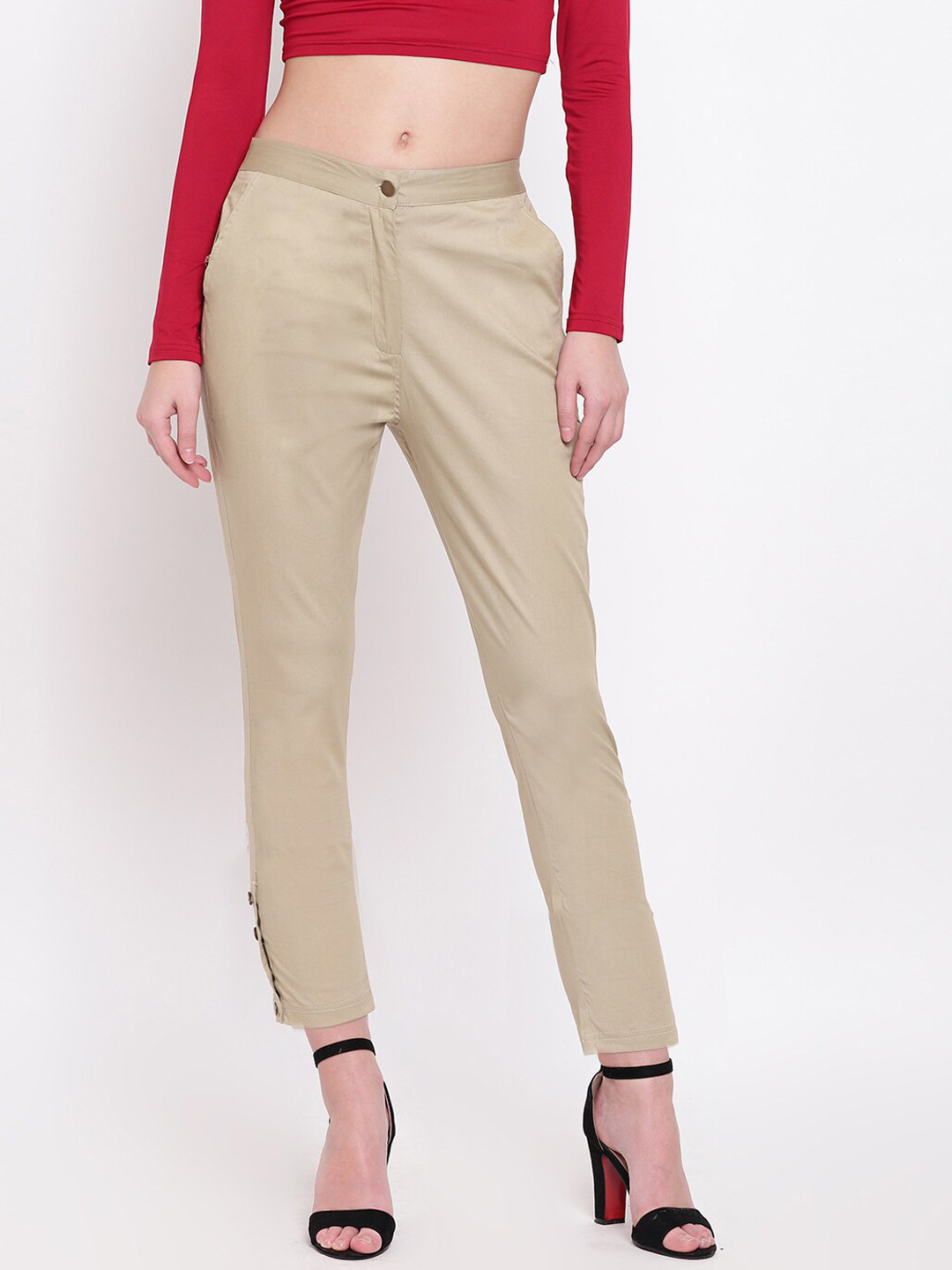 RIVI Women Beige Solid Regular Trousers
