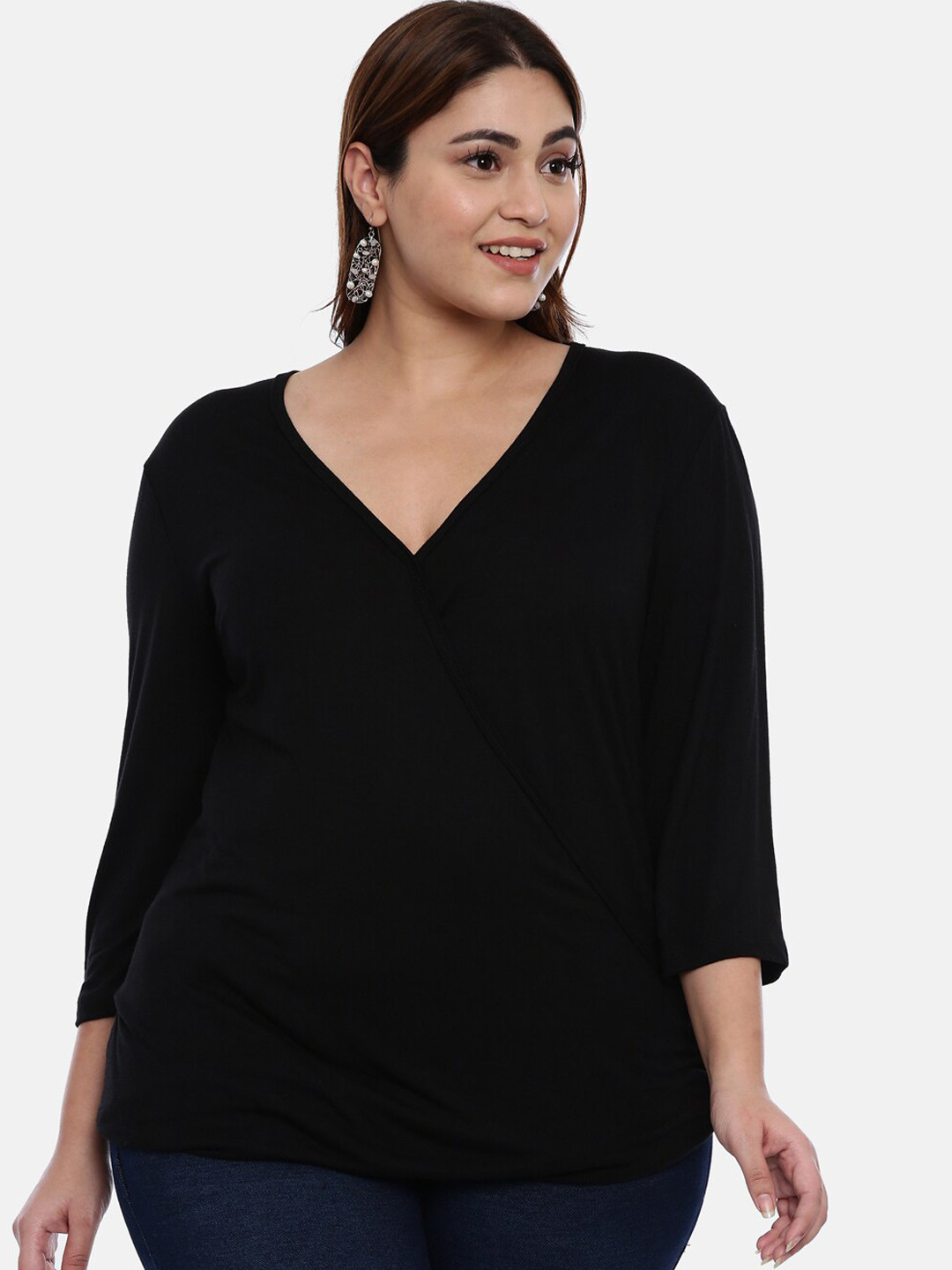 The Pink Moon Women Plus Size Black Solid Wrap Top