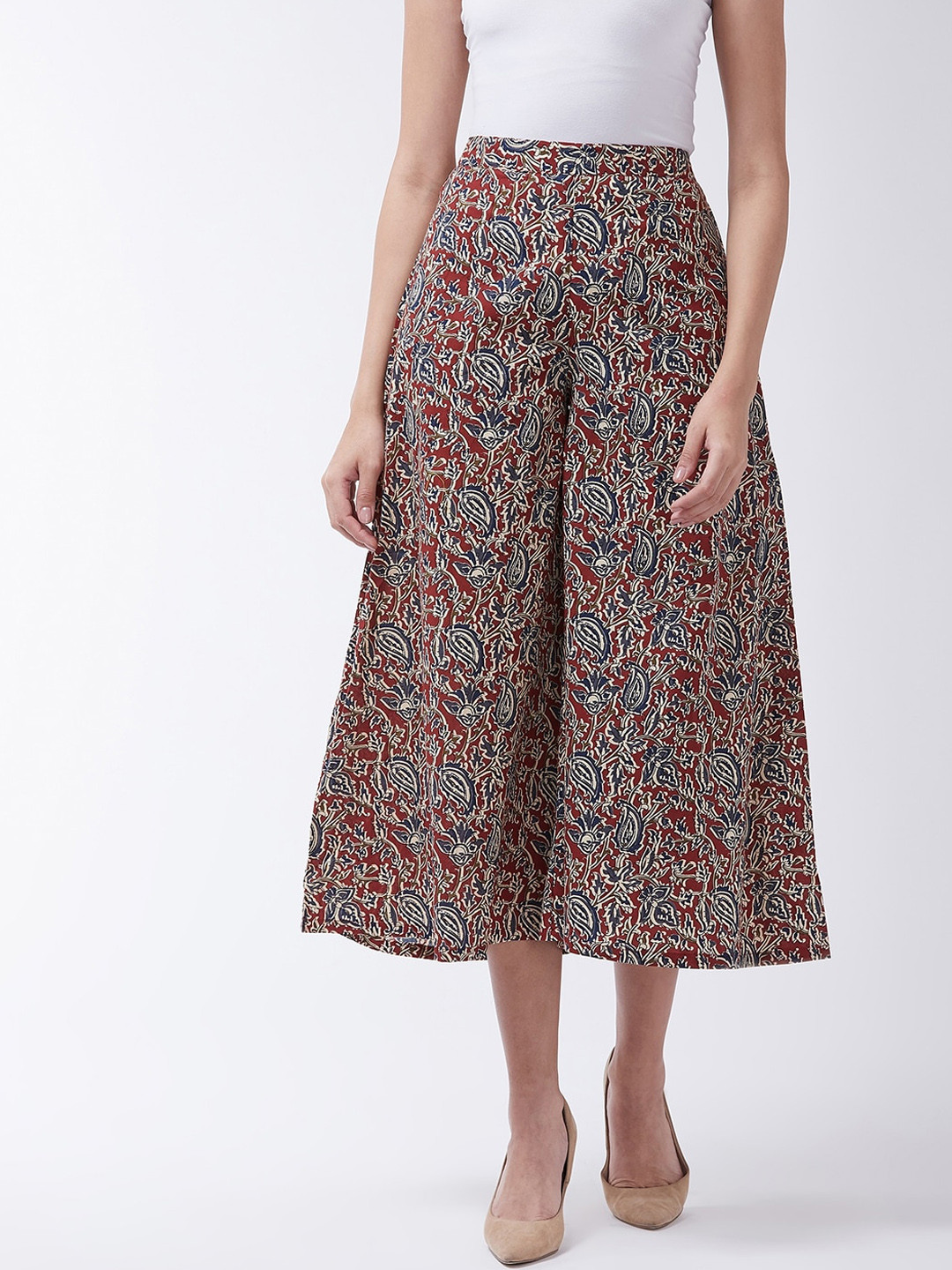 InWeave Women Maroon & Navy Blue Flared Printed Kalamkari Culottes