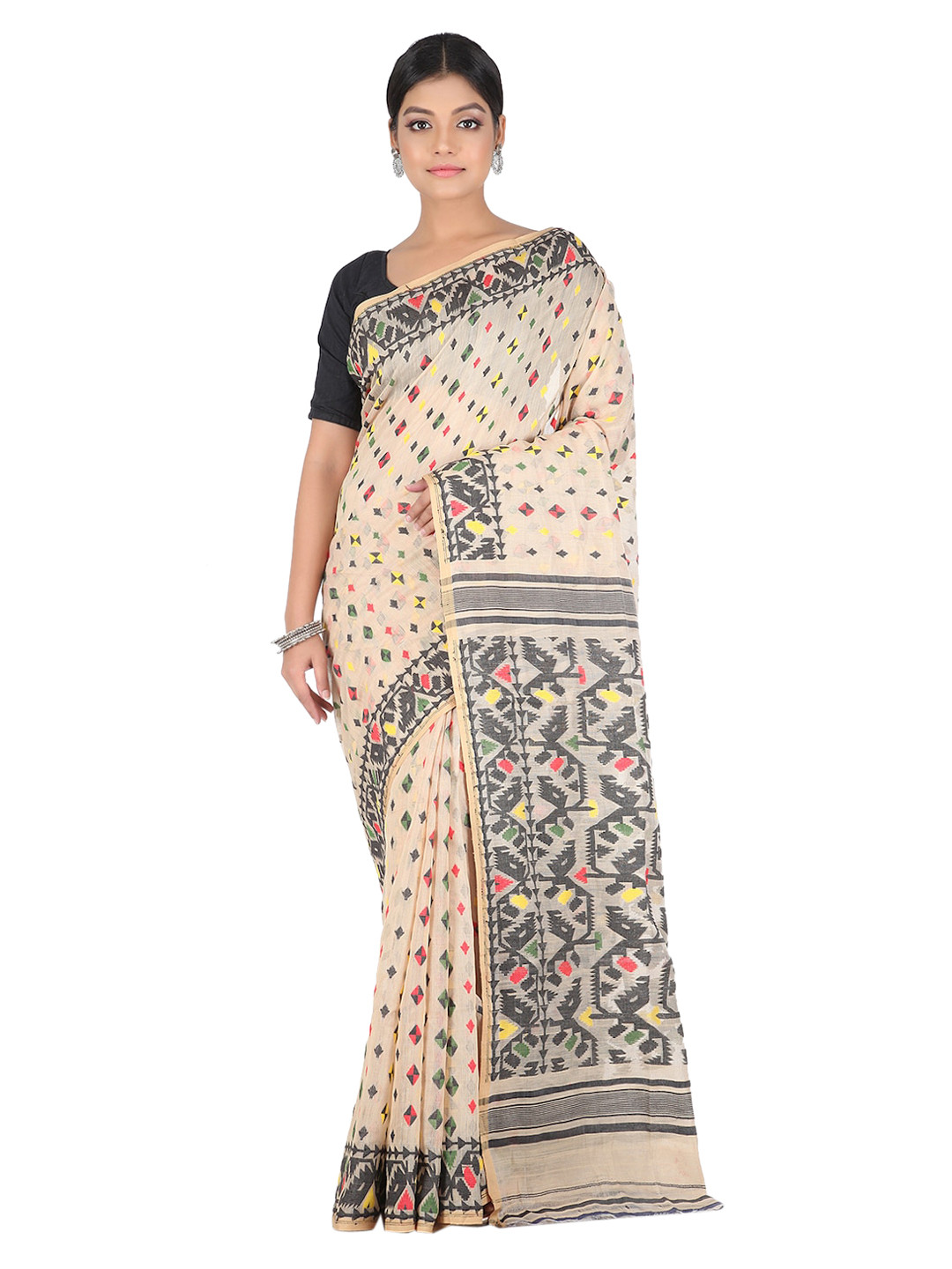 PinkLoom Cream-Coloured & Black Pure Cotton Woven Design Handloom Jamdani Saree