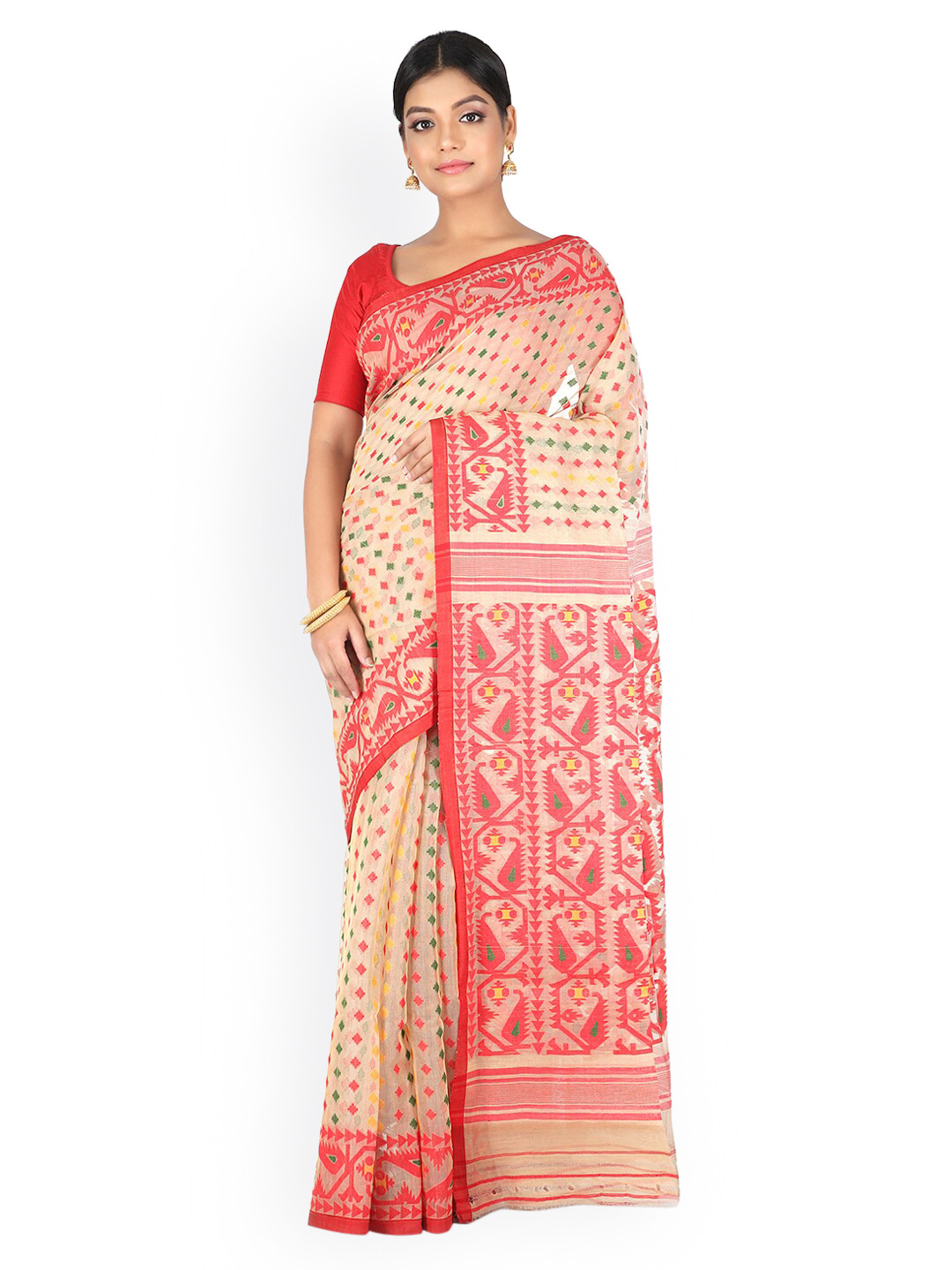 PinkLoom Beige & Pink Pure Cotton Woven Design Handloom Jamdani Saree