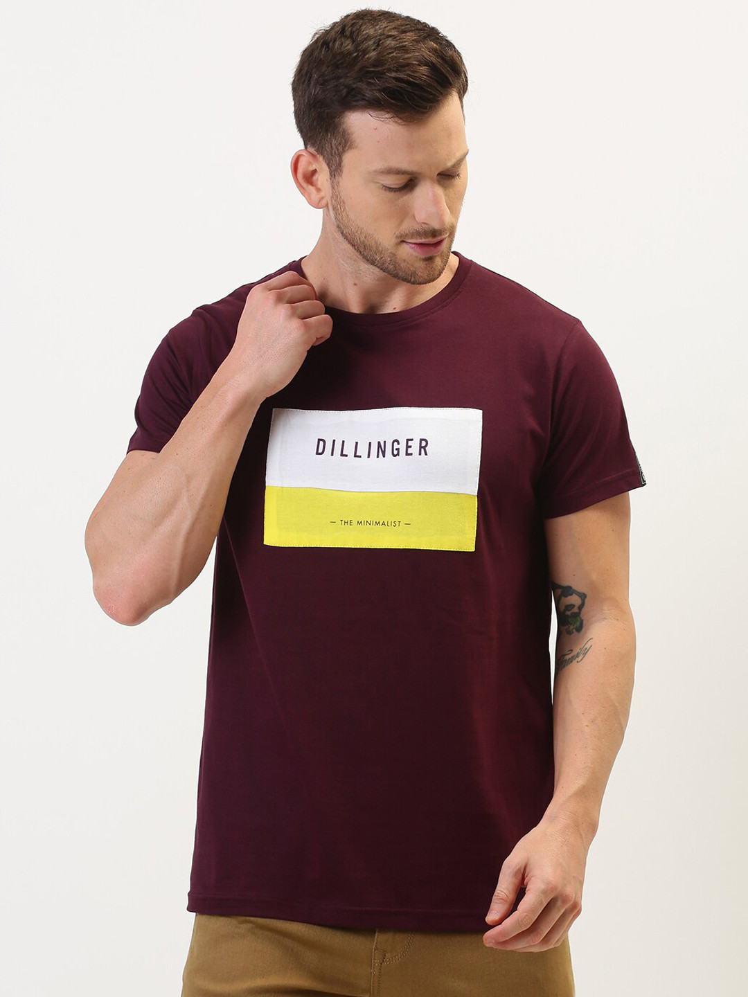 DILLINGER Men Maroon & White Brand Logo Print Round Neck T-shirt