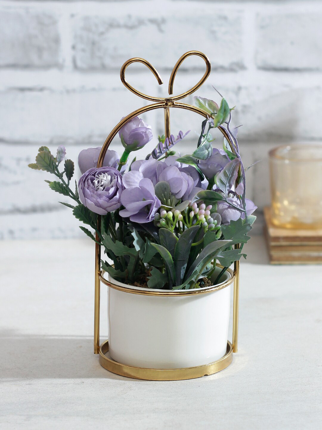 TAYHAA Purple & Green Artificial Flowers Plant With White Pot