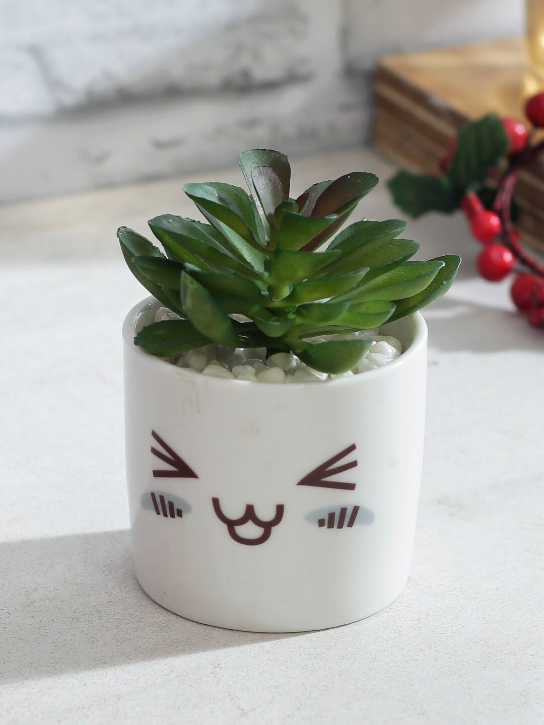 TAYHAA Green & White Artificial Succulent Plant With Pot