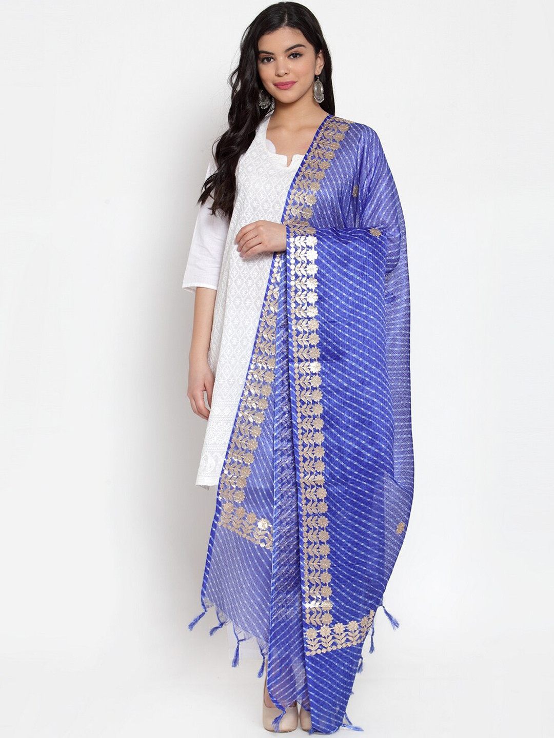 SOUNDARYA Blue & Gold-Coloured Striped Cotton Dupatta