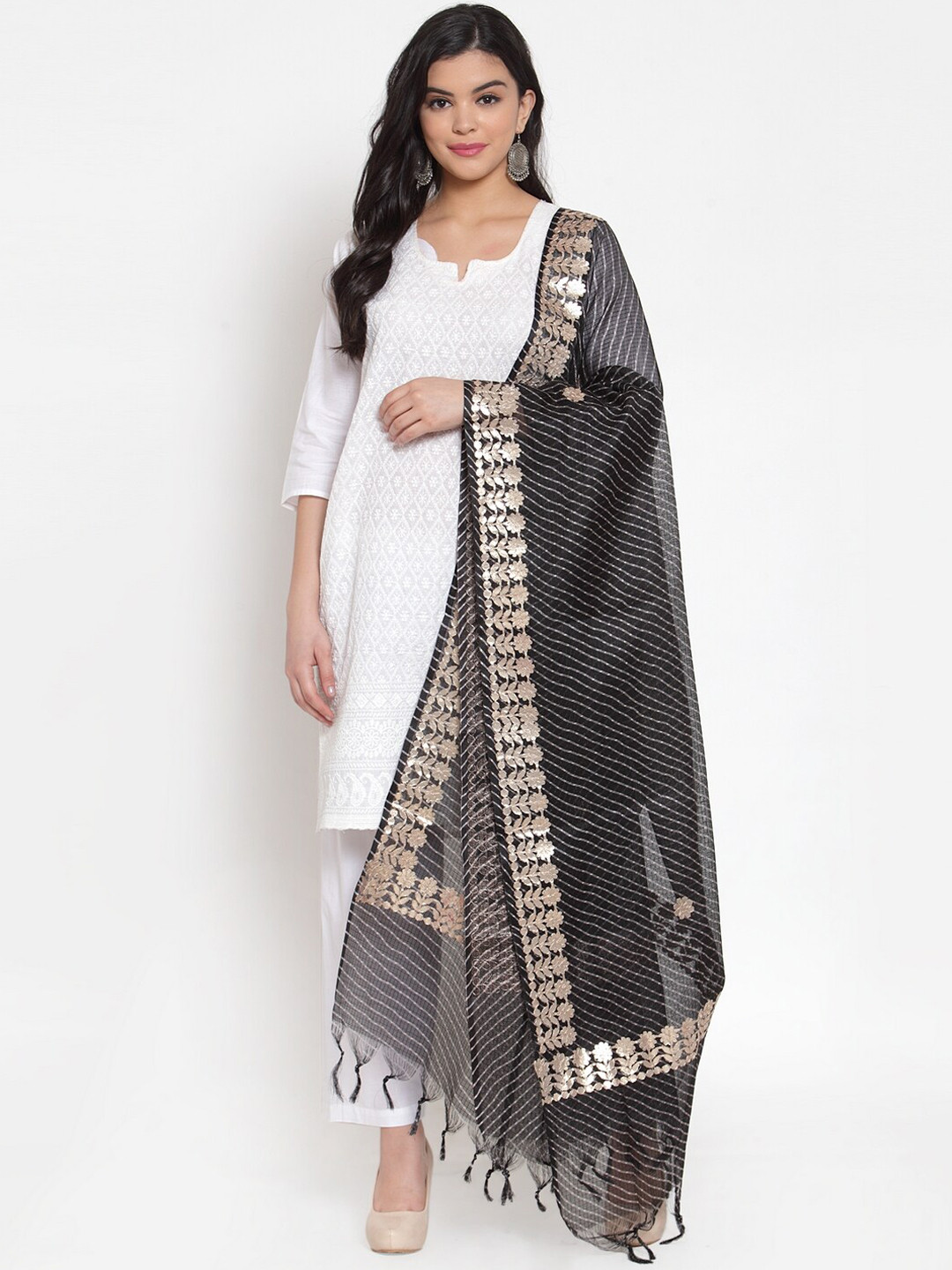 SOUNDARYA Black Leheriya Striped Gota Patti Pure Cotton Dupatta