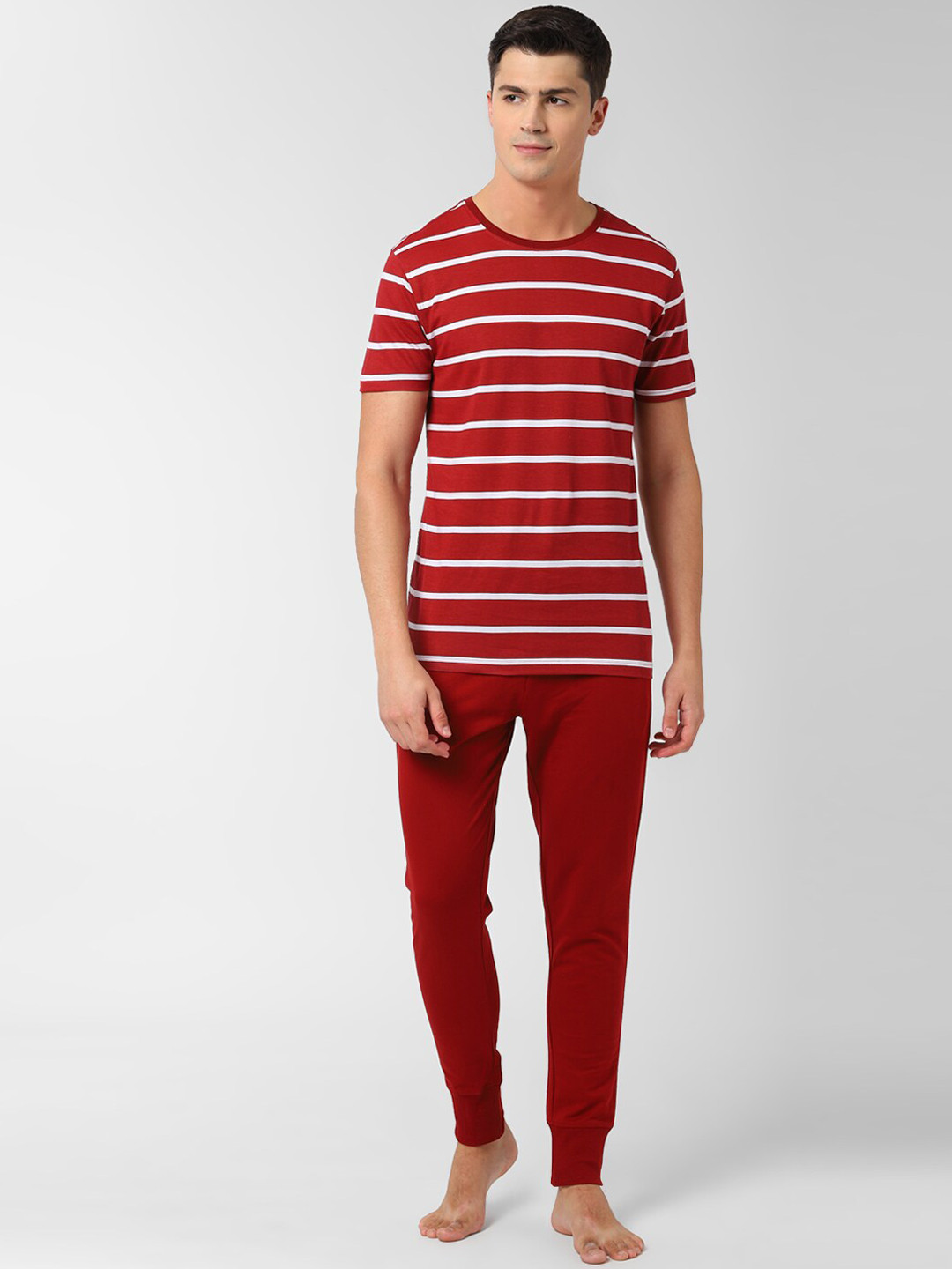 Peter England Men Red & White Striped Night Suit