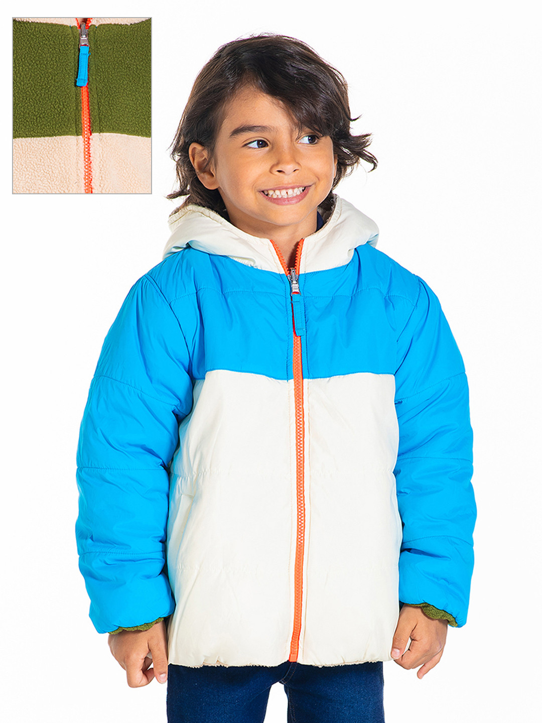 Cherry Crumble Kids Off-White & Blue Colourblocked Hooded Reversible Padded Jacket