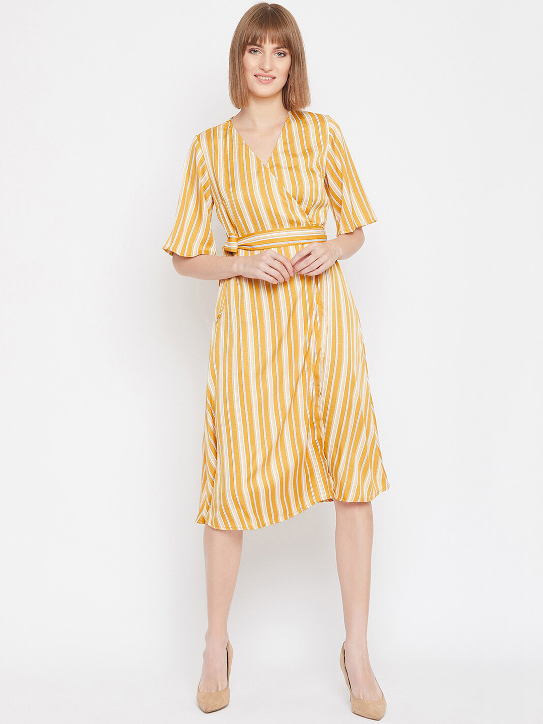 PURYS Women Yellow Striped Wrap Dress