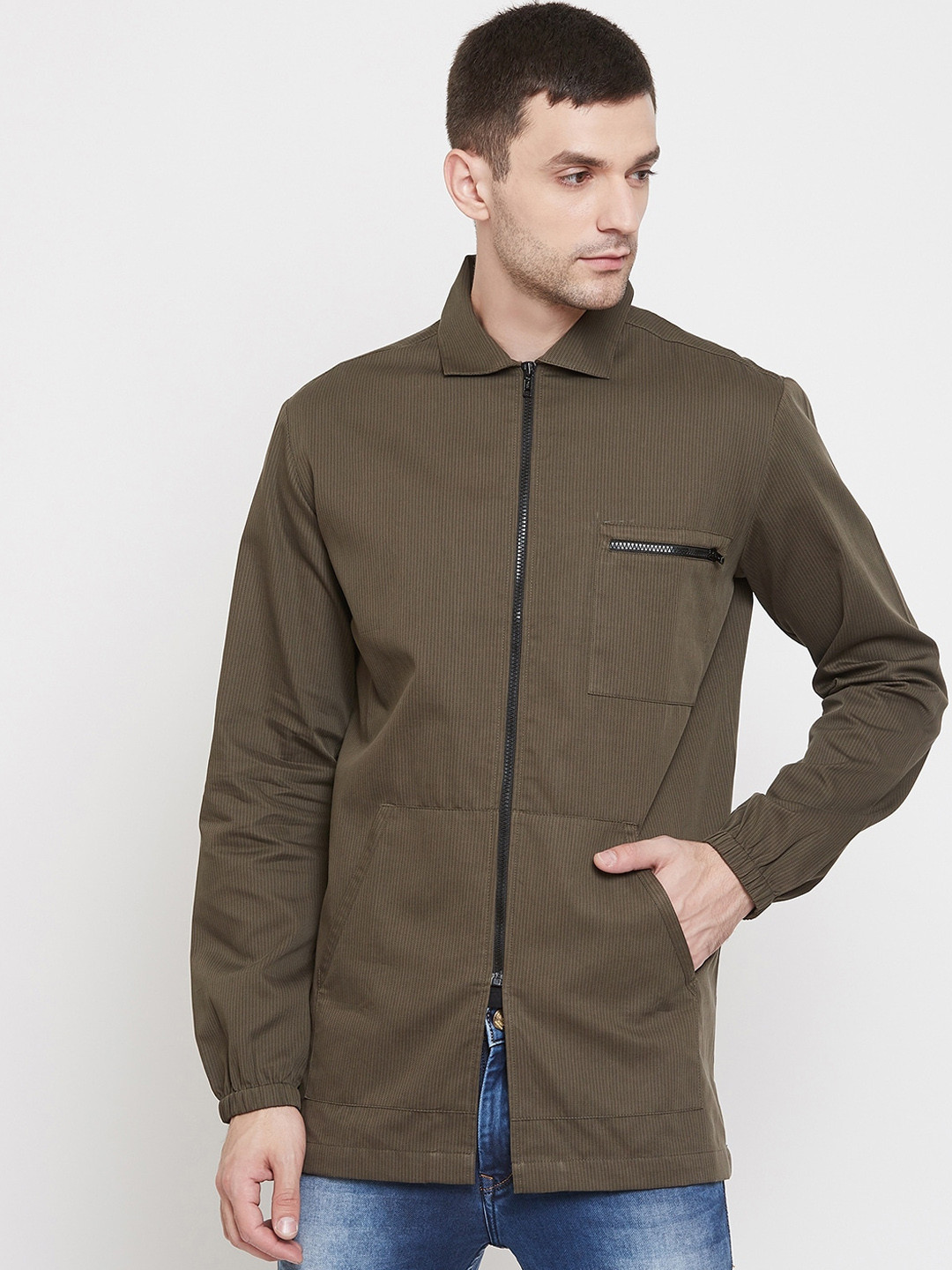 Crimsoune Club Men Olive Green Solid Open Front Anti-Viral Shacket