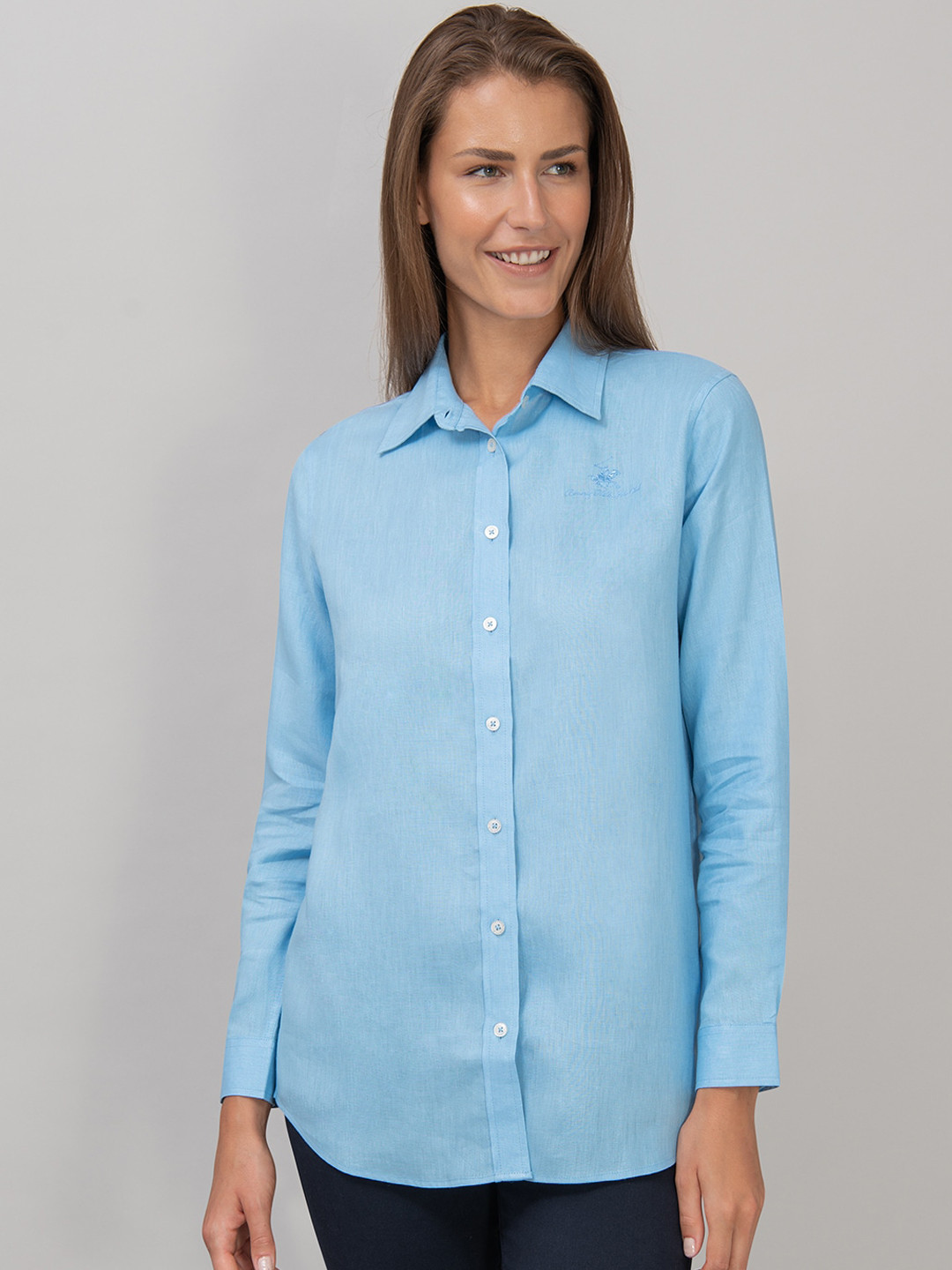 Beverly Hills Polo Club Women Blue Regular Fit Solid Linen Boyfriend Casual Shirt
