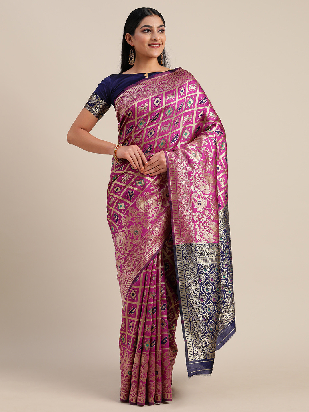 Mitera Purple & Blue Silk Blend Checked Kanjeevaram Saree