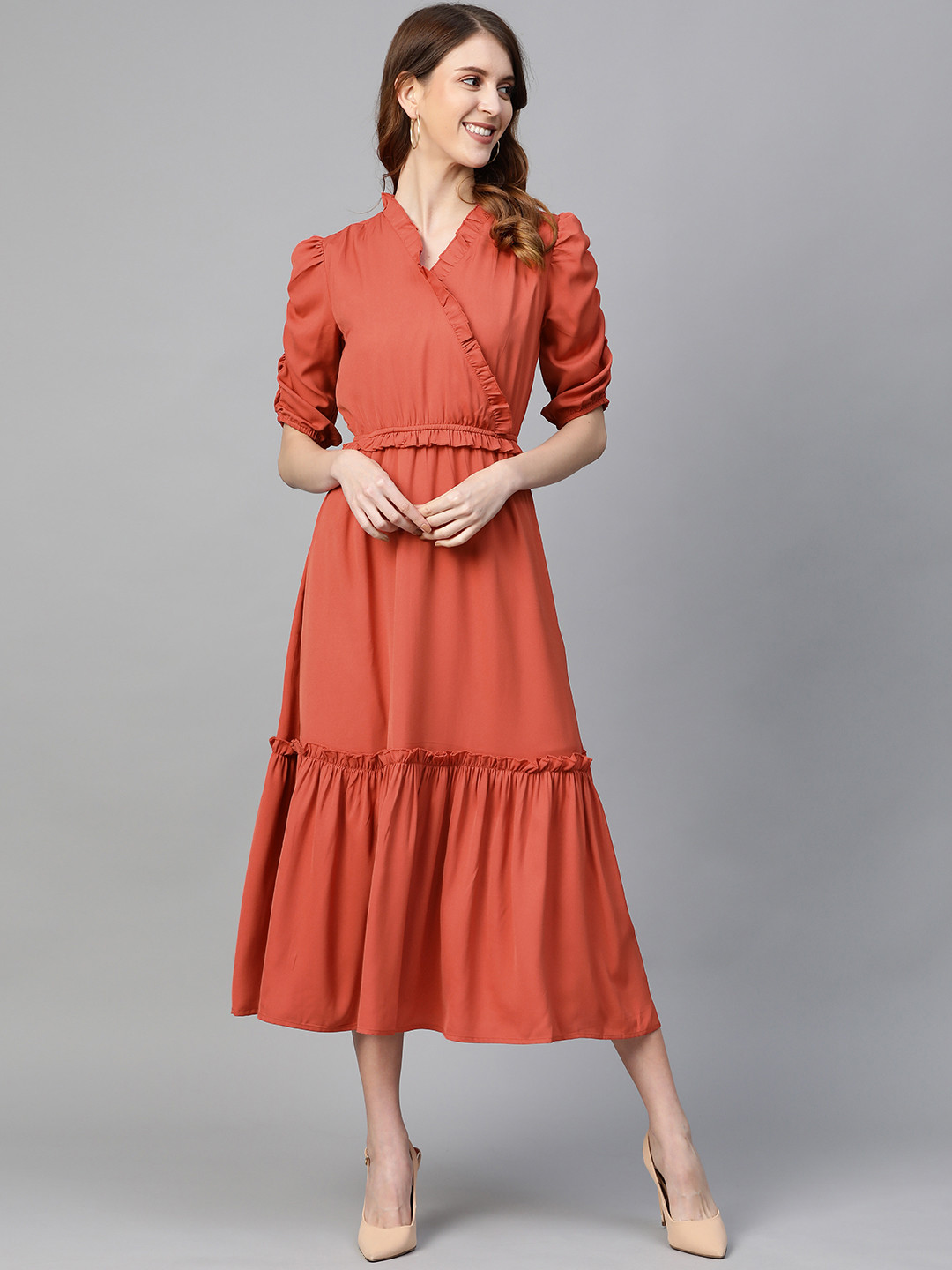 plusS Orange Solid Tiered Wrap Dress
