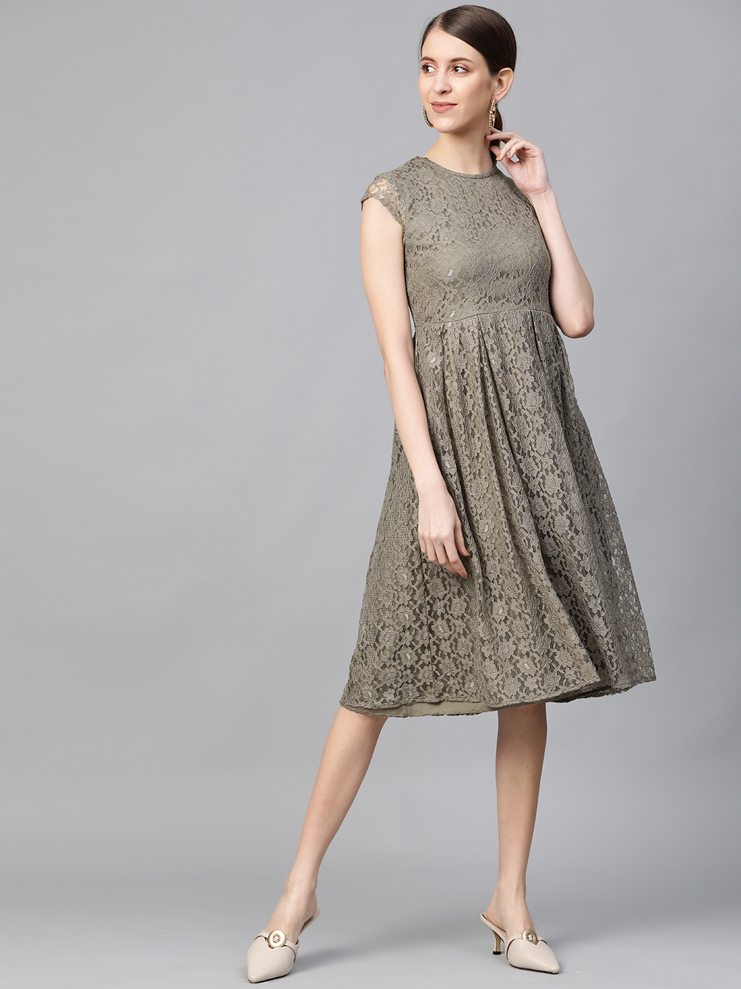 plusS Women Olive Green Lace A-Line Dress