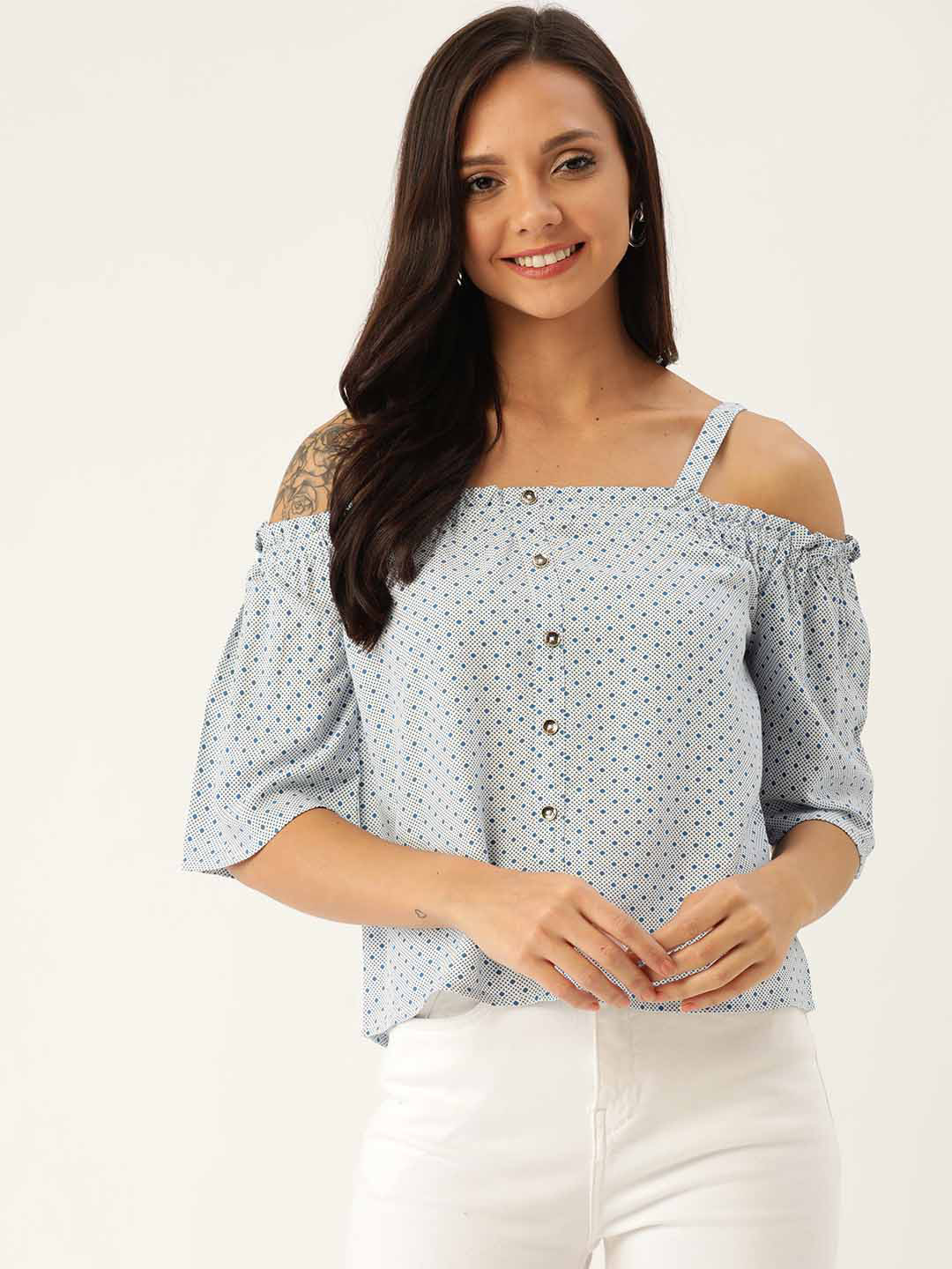 Rue Collection Women White & Blue Printed Bardot Top