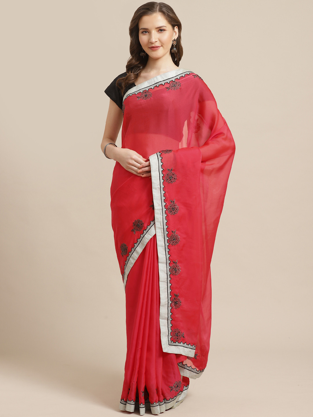 Shaily Coral Pink Solid Saree