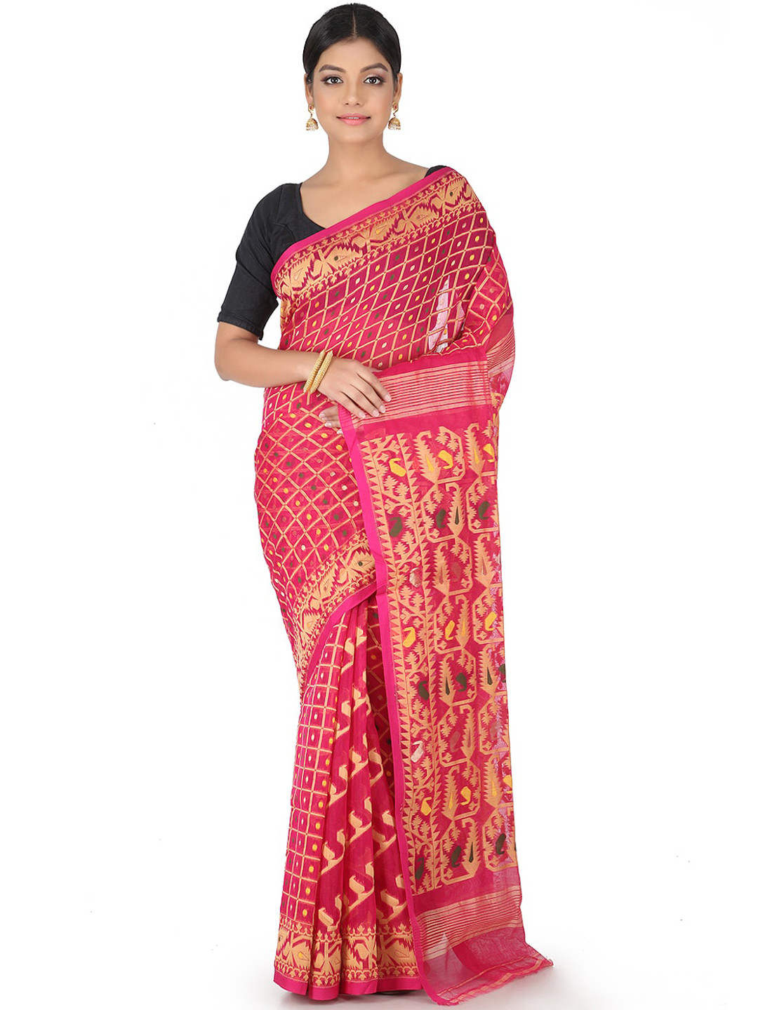 PinkLoom Pink & Orange Pure Cotton Woven Design Handloom Jamdani Saree
