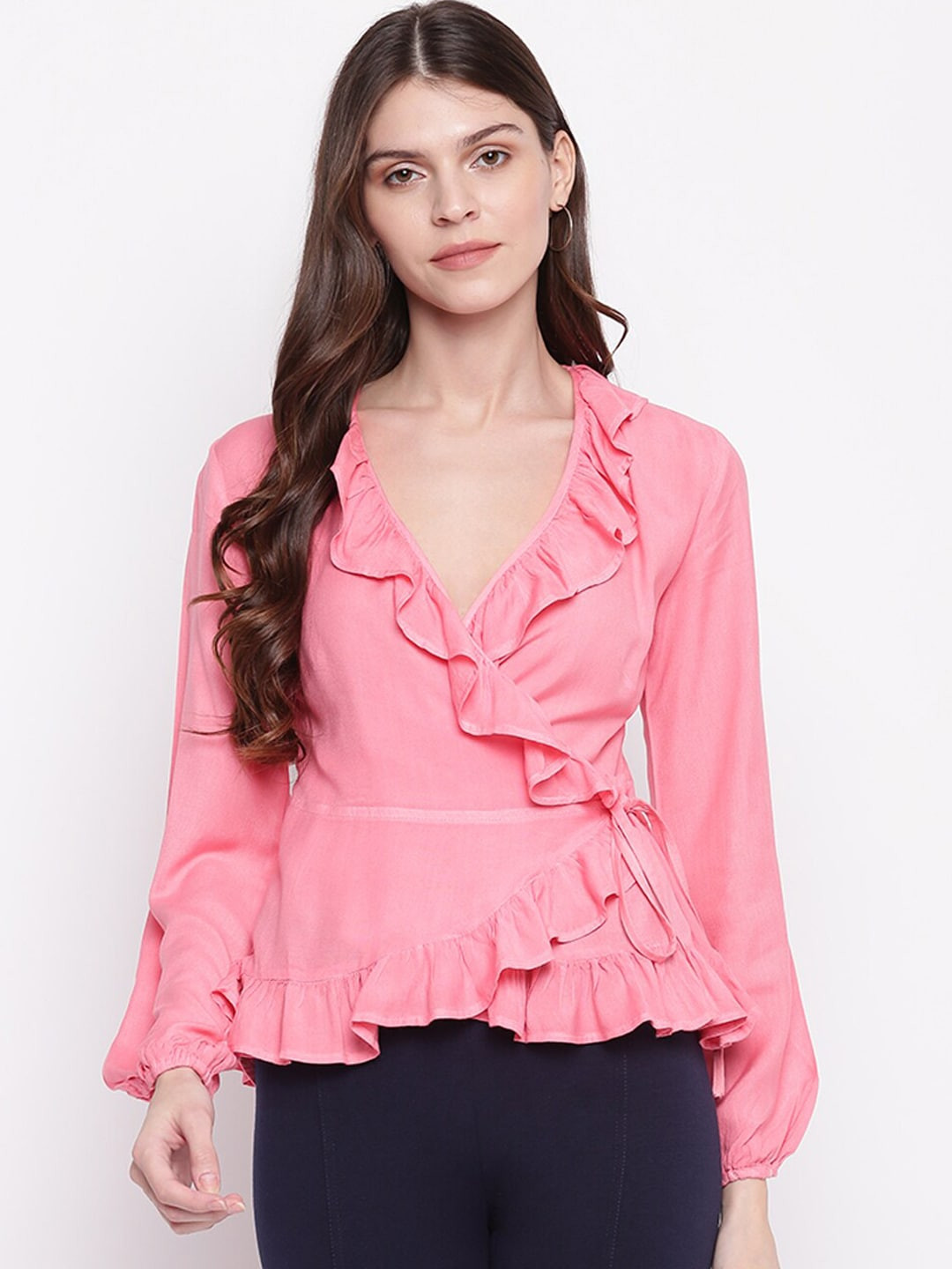 Mayra Women Pink Solid Ruffled Wrap Top