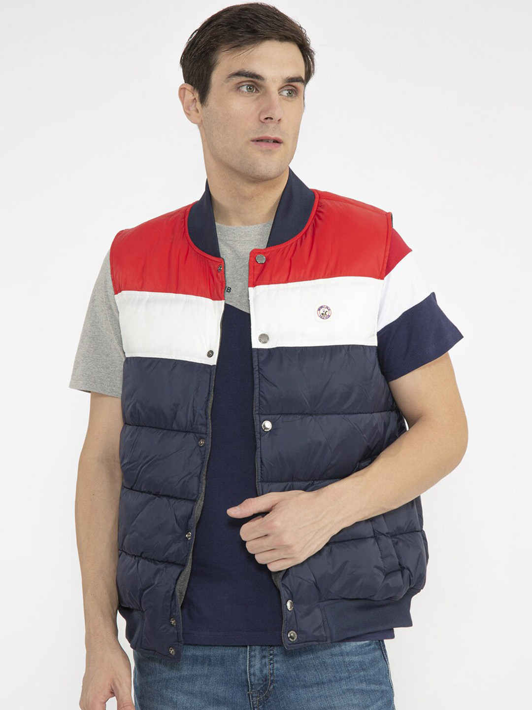 Beverly Hills Polo Club Men Navy Blue & Green Striped Reversible Puffer Jacket
