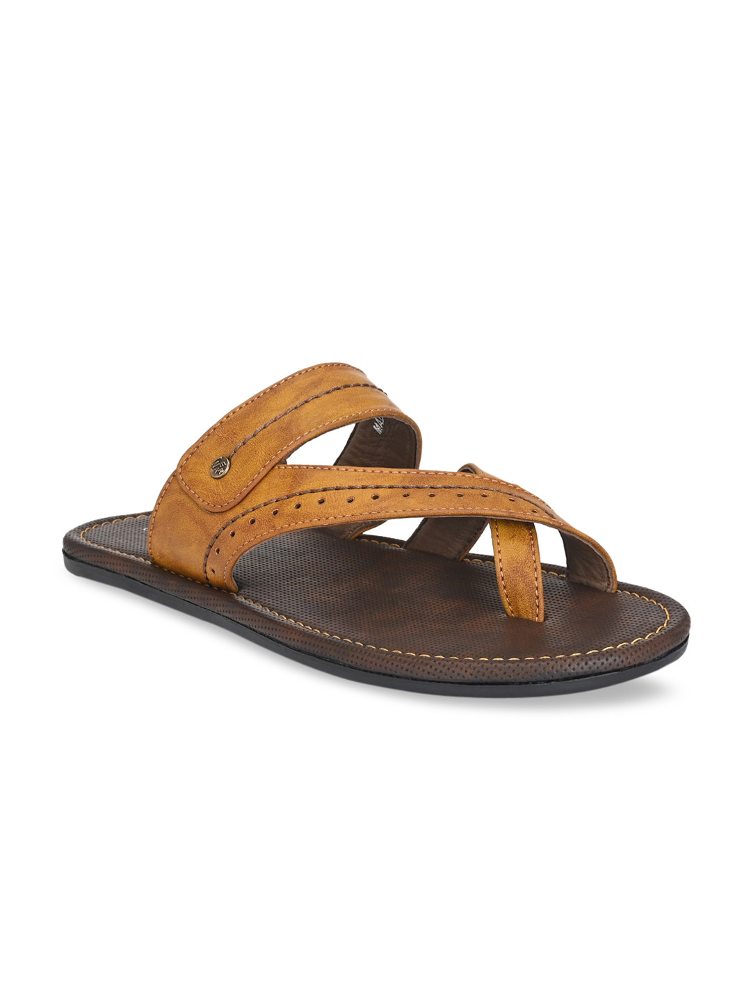 SHENCES Men Tan Brown Leather Comfort Sandals